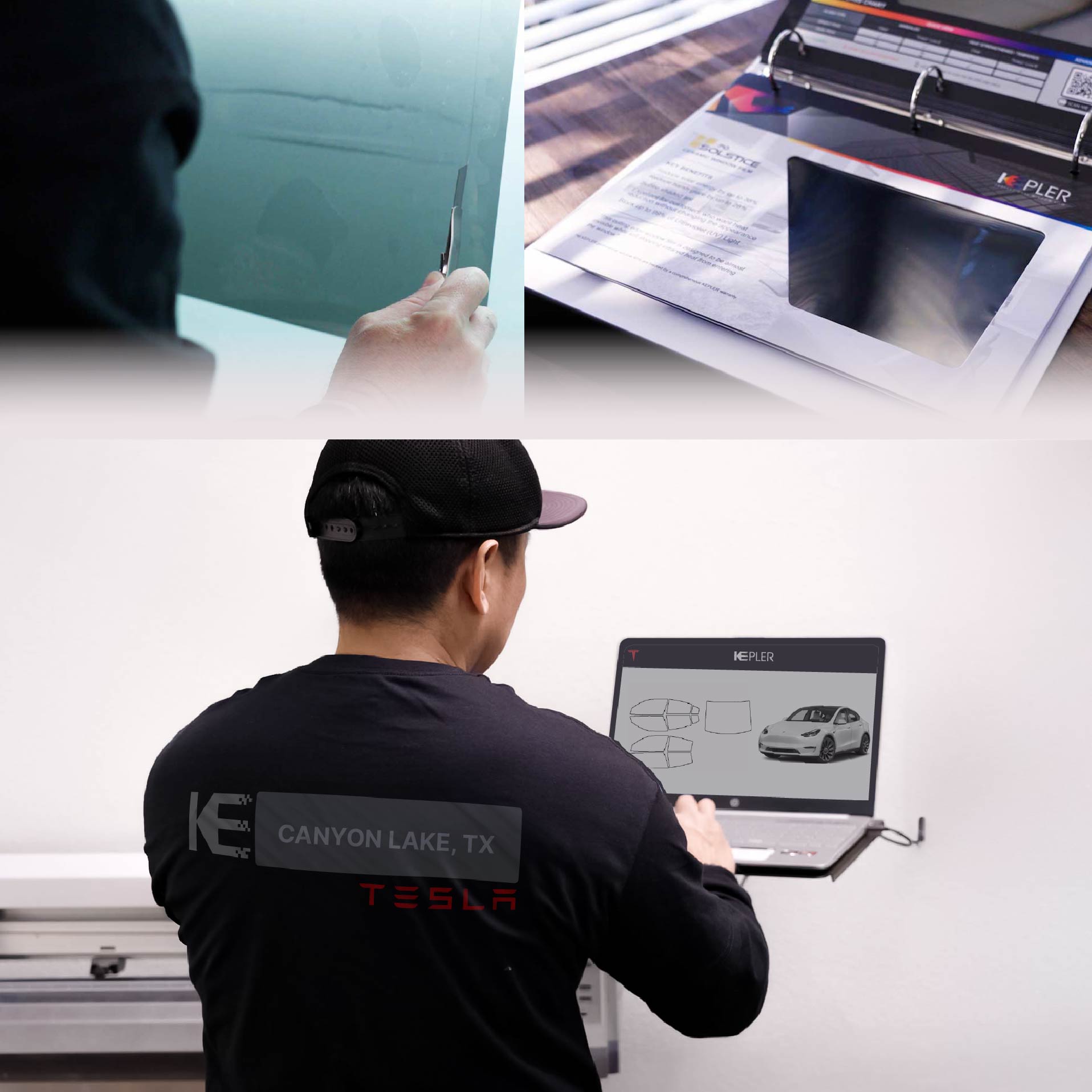 Expert Technician Installing Advanced Window Tint to Tesla in Canyon Lake