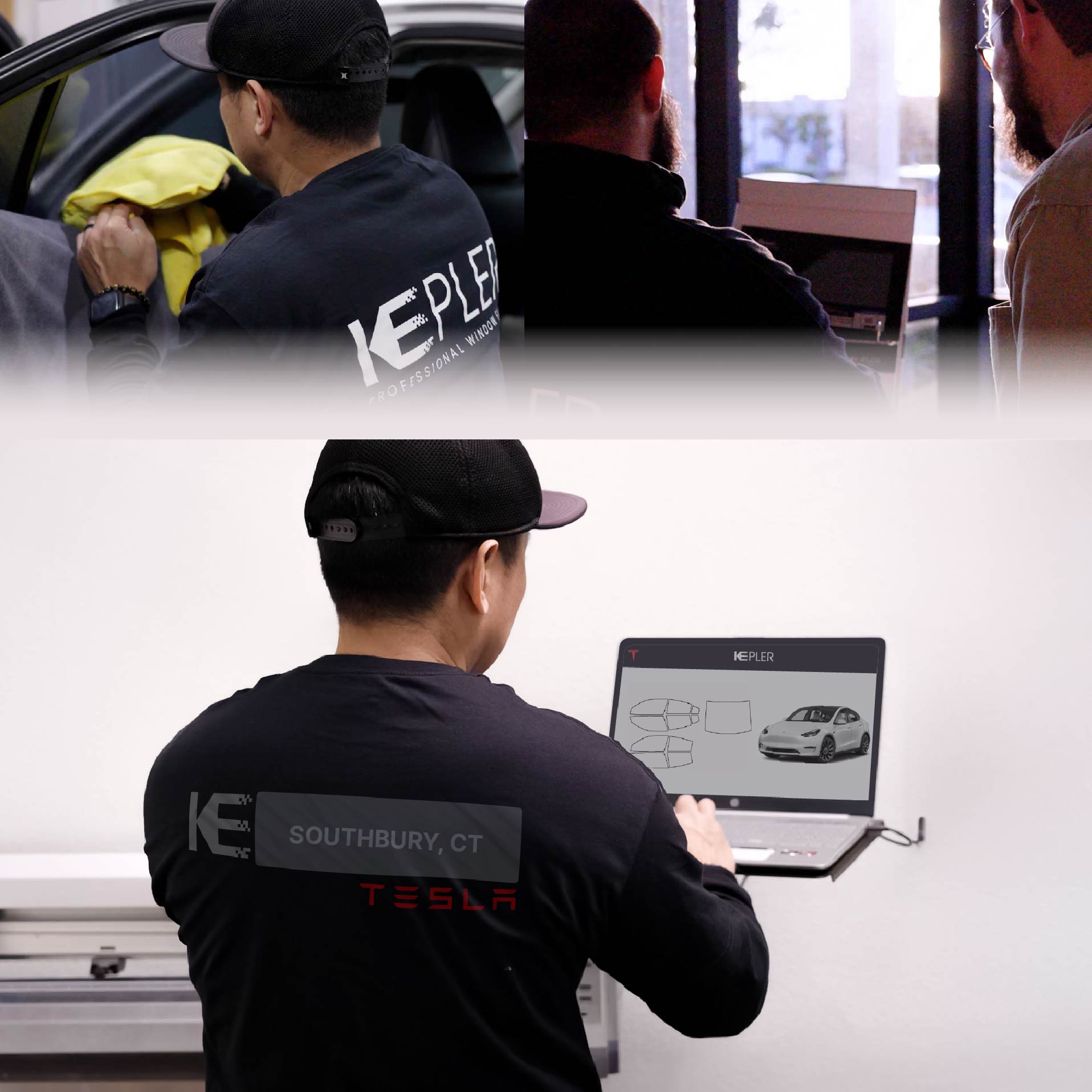 Expert Technician Applying Advanced Window Tint to Tesla in Southbury