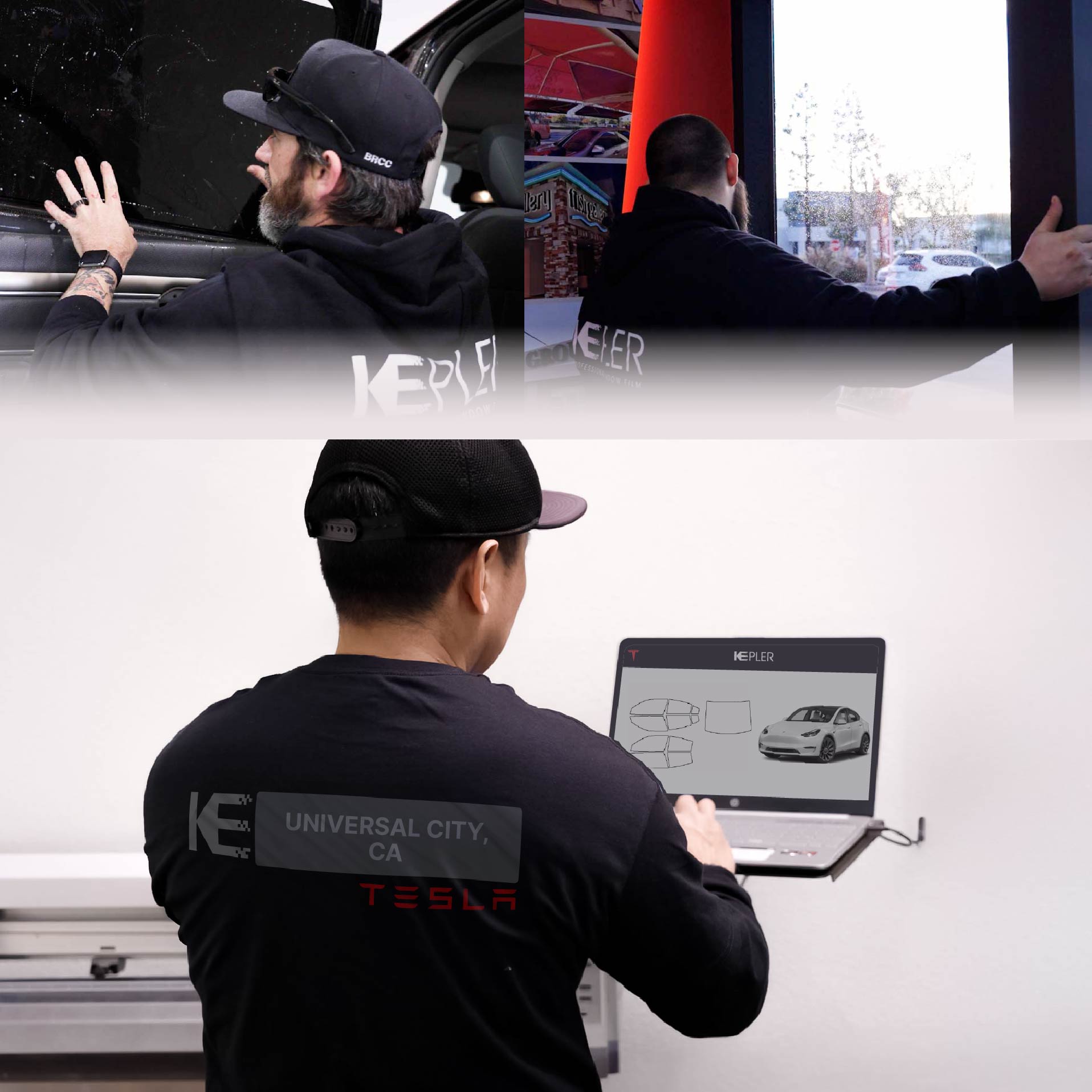 Expert Technician Applying Ceramic Window Tint to Tesla in Universal City