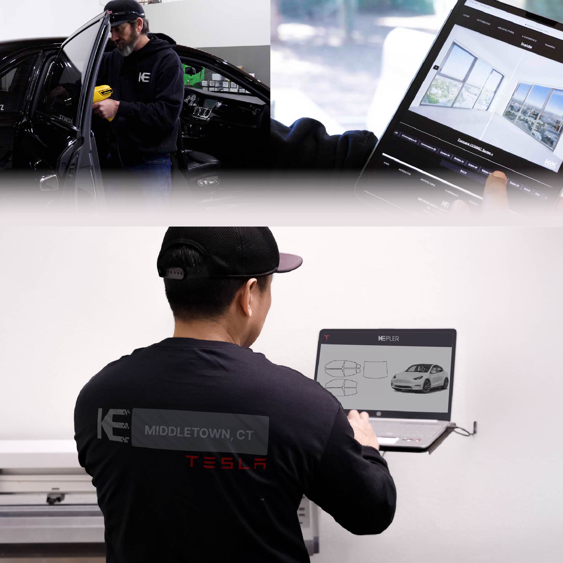 Expert Technician Fitting Ceramic Window Tint to Tesla in Middletown