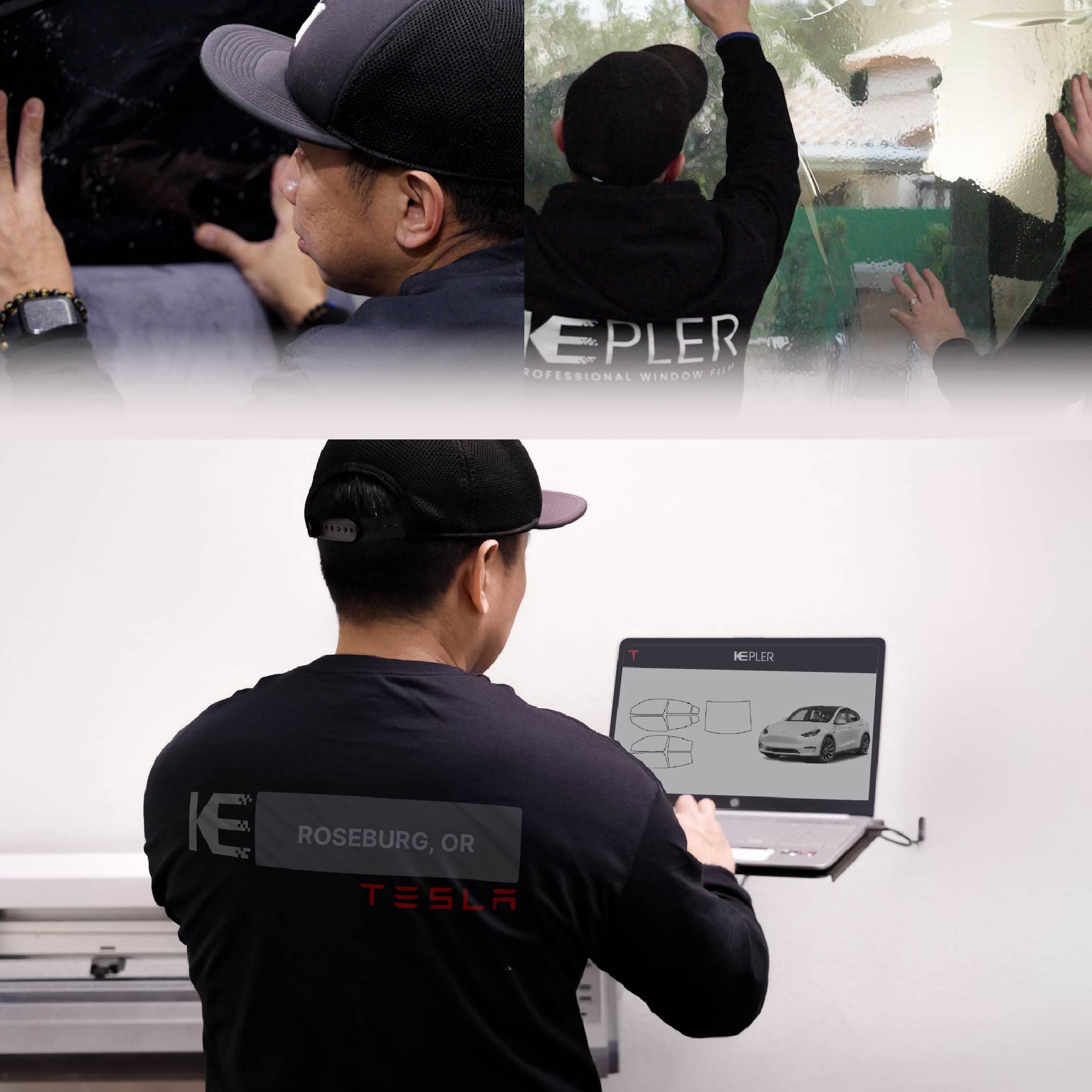 Kepler Technician Installing Advanced Window Tint to Tesla in Roseburg