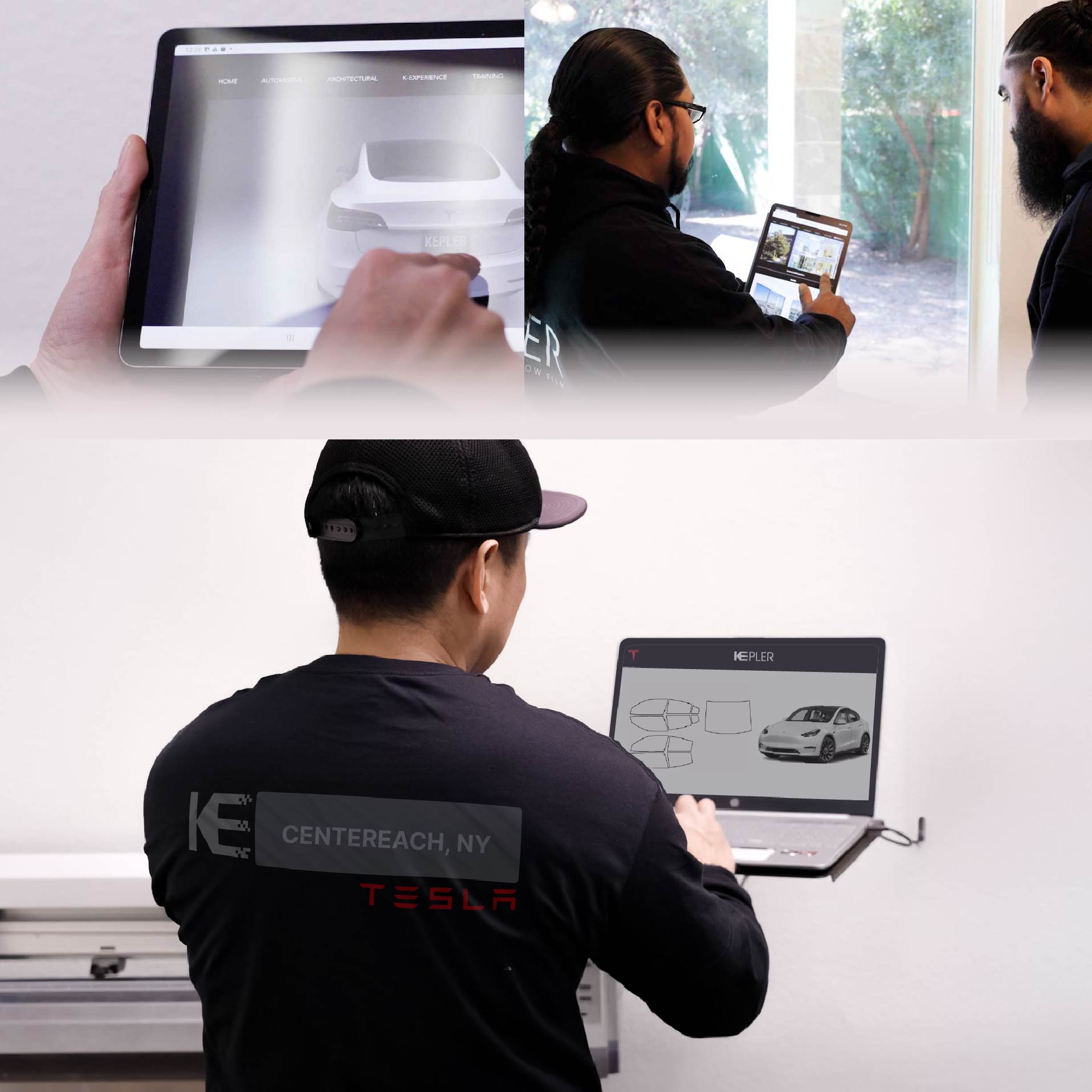 Kepler Technician Fitting High-tech Window Tint to Tesla in Centereach