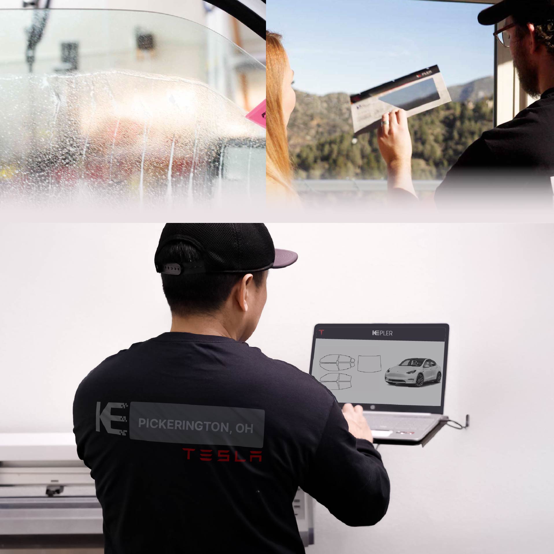 Kepler Technician Applying Advanced Window Tint to Tesla in Pickerington