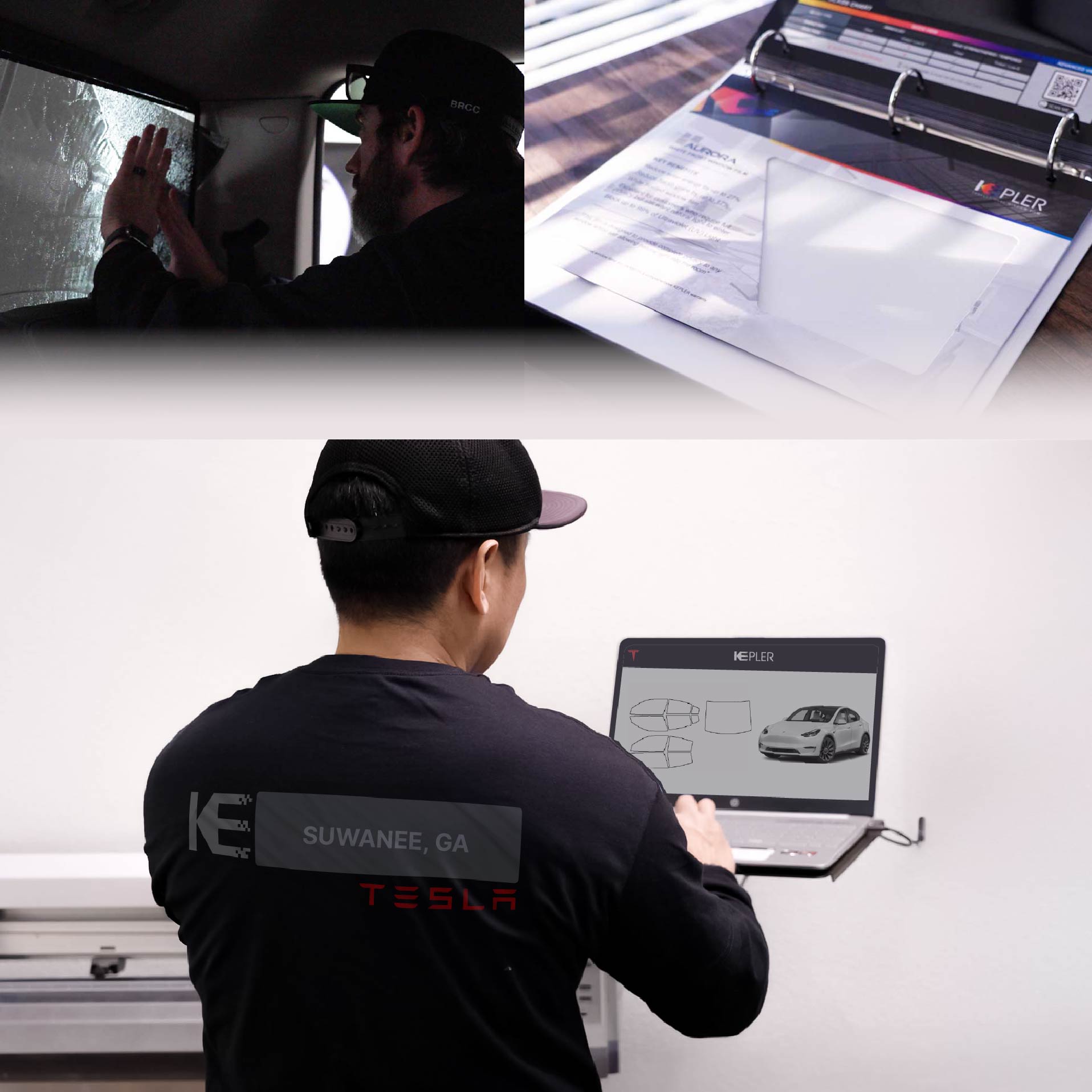 Kepler Technician Applying Ceramic Window Tint to Tesla in Suwanee