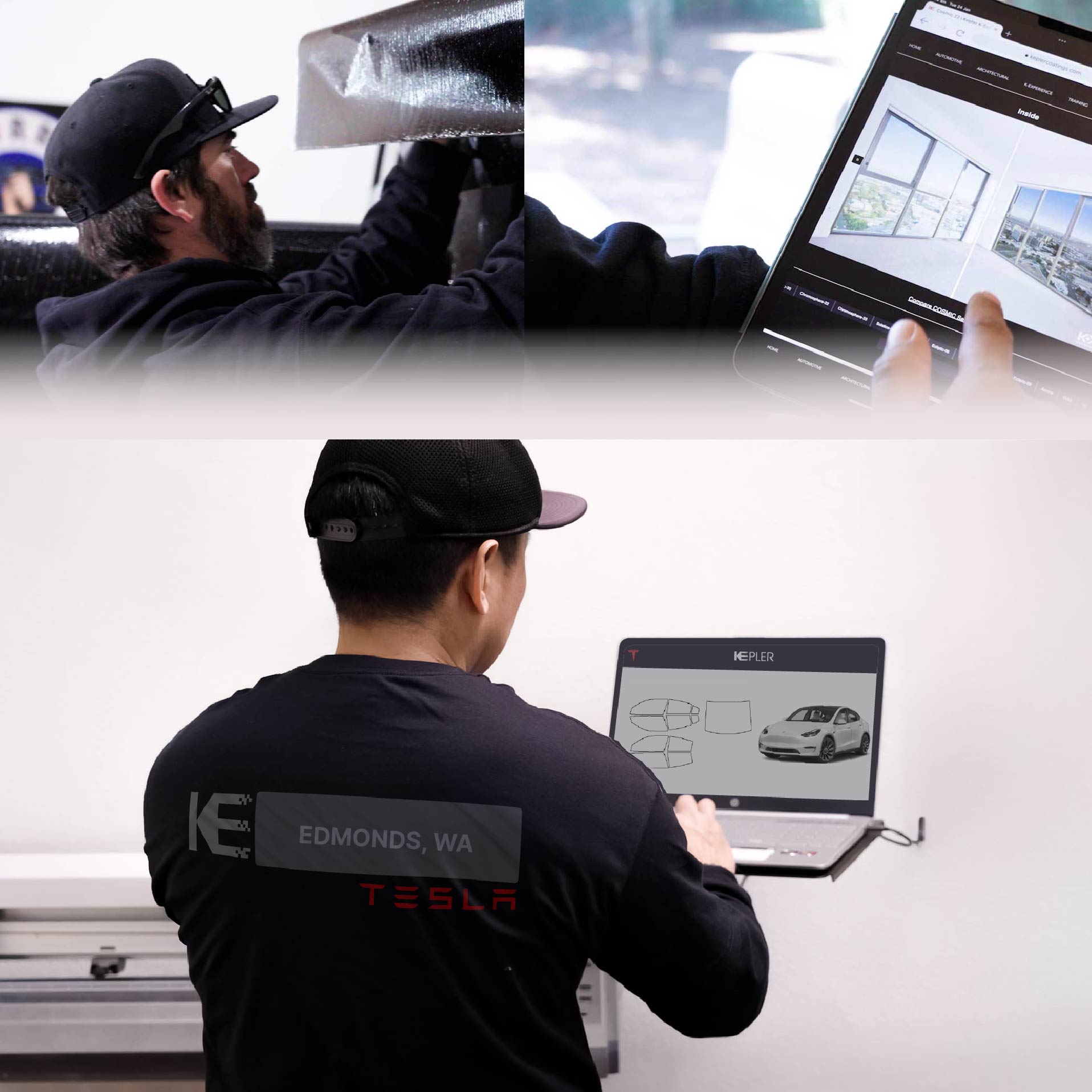 Kepler Technician Installing Ceramic Window Tint to Tesla in Edmonds