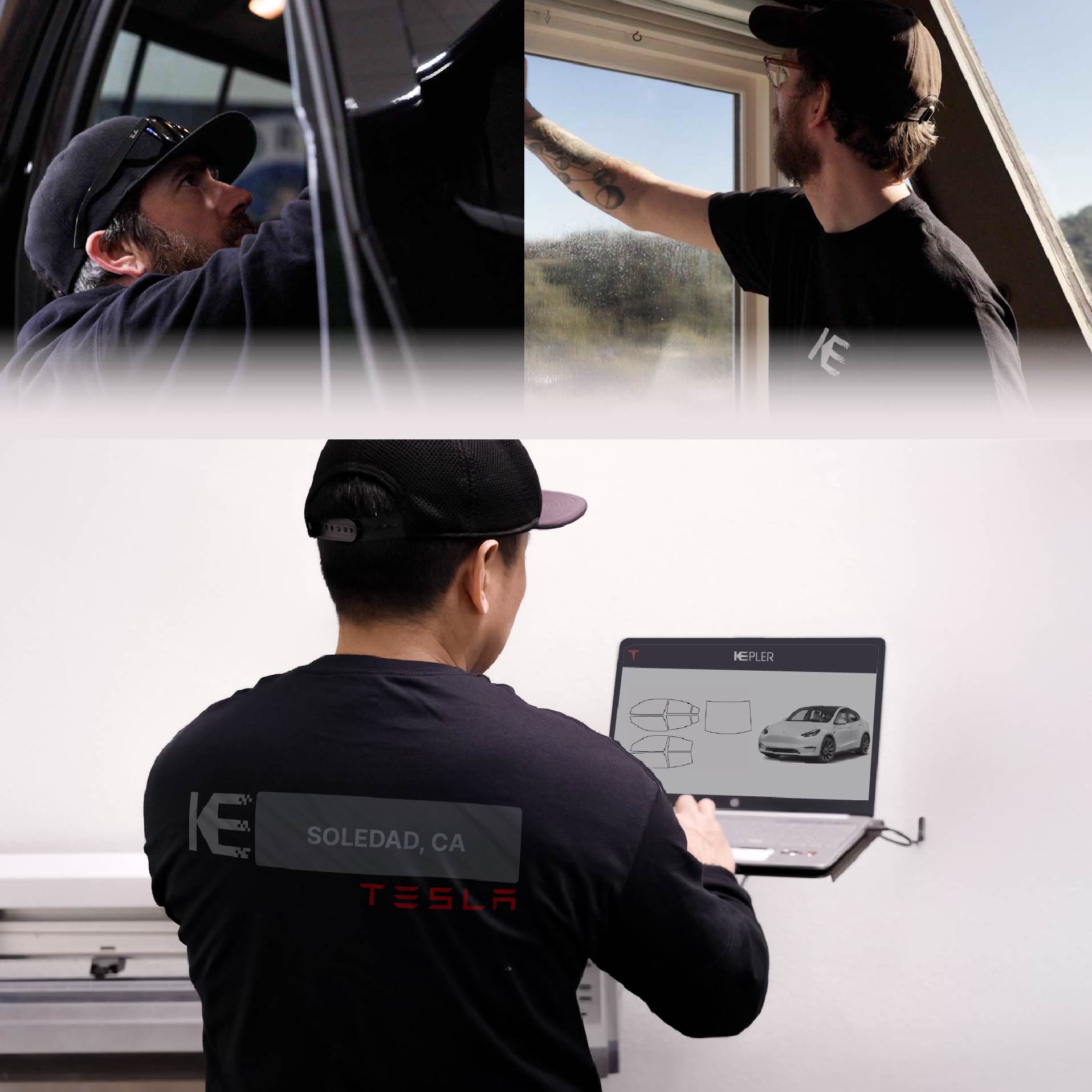 Expert Technician Fitting High-tech Window Tint to Tesla in Soledad
