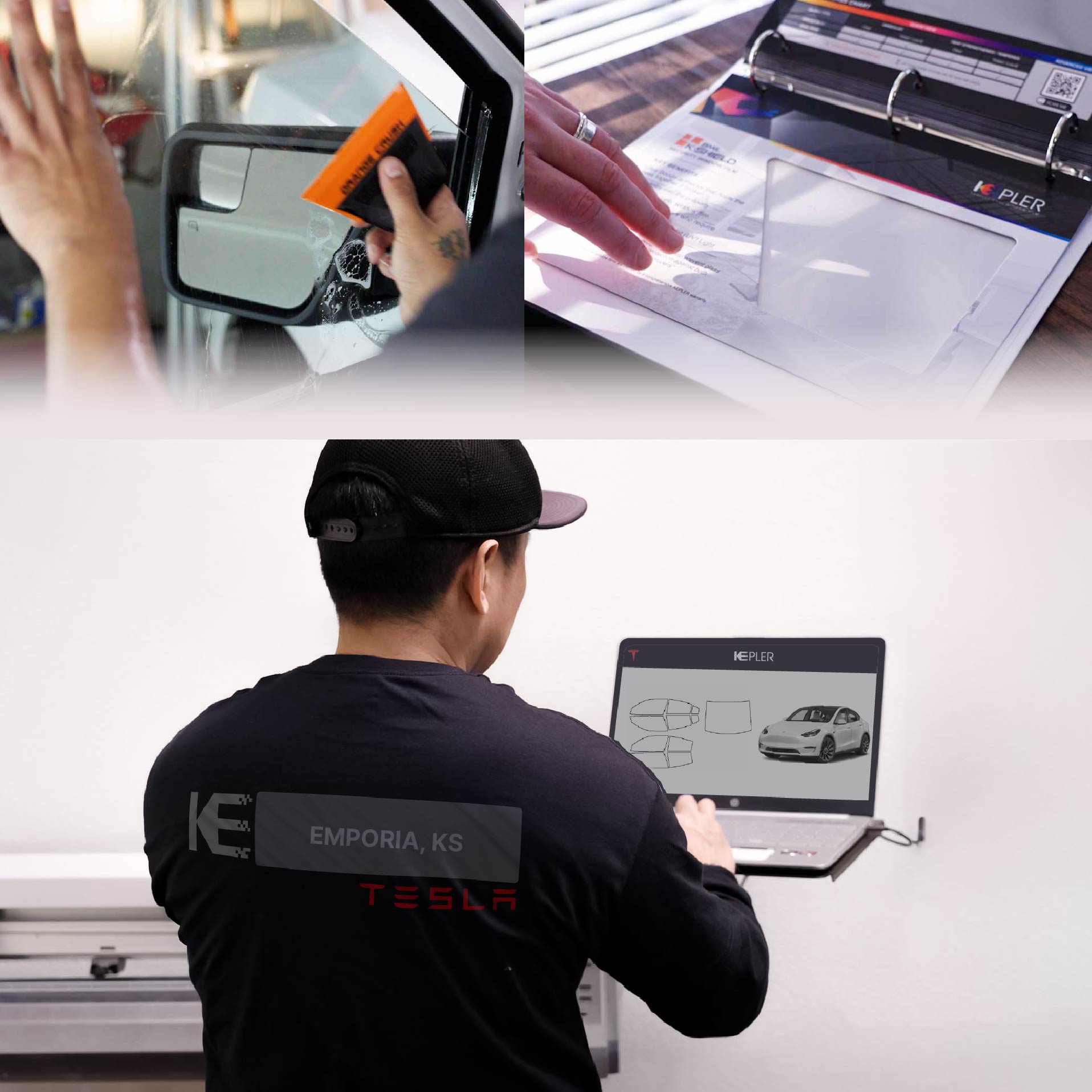 Kepler Technician Fitting High-tech Window Tint to Tesla in Emporia