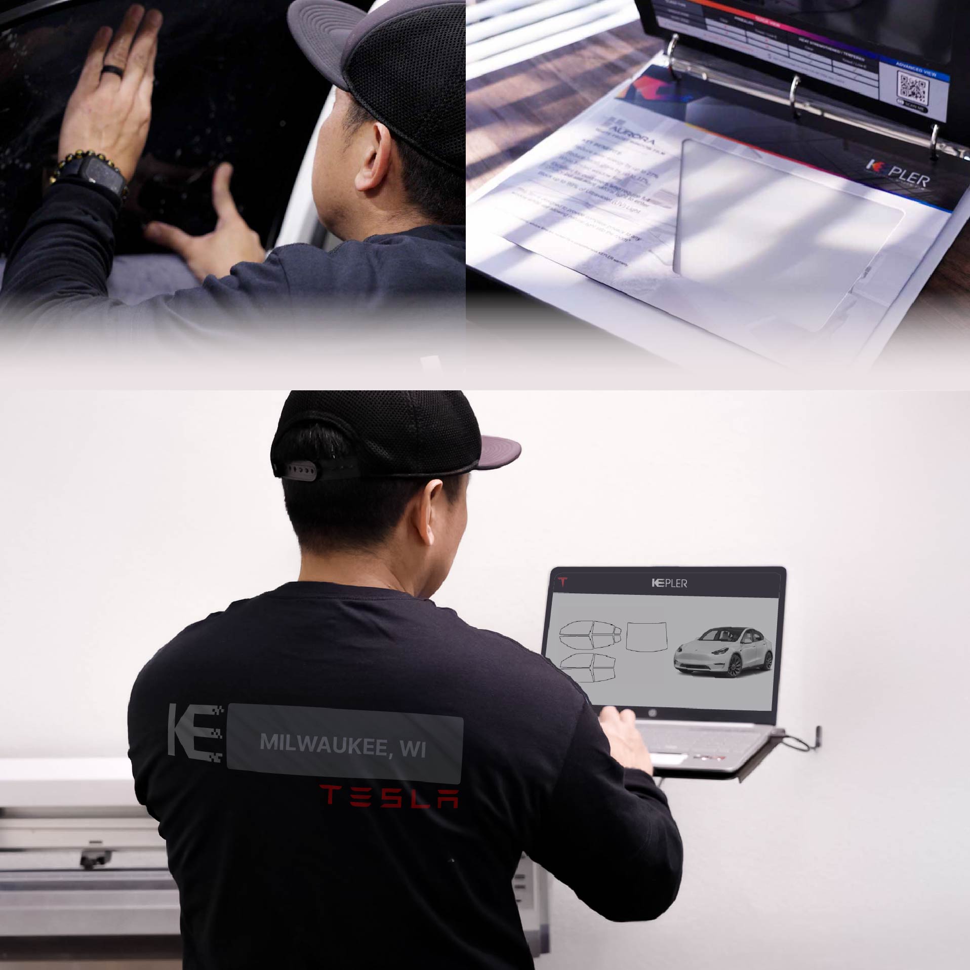 Kepler Technician Installing High-tech Window Tint to Tesla in Milwaukee