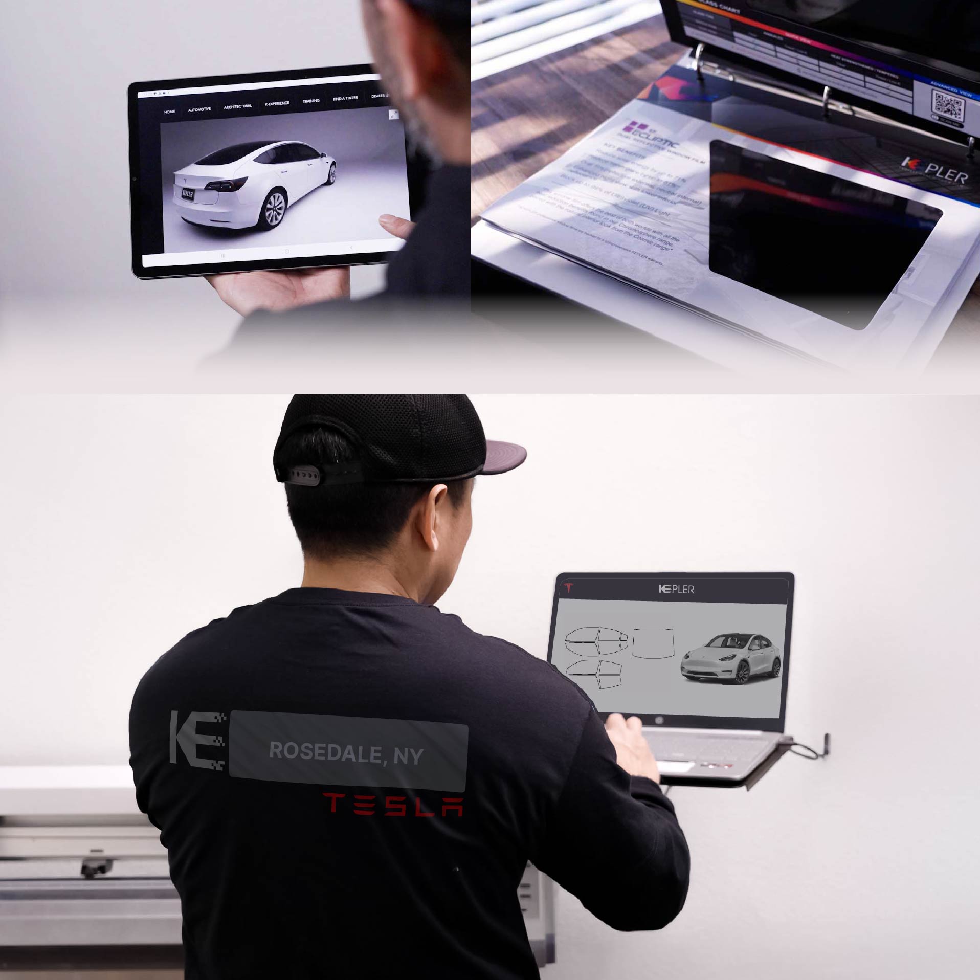 Expert Technician Installing Advanced Window Tint to Tesla in Rosedale