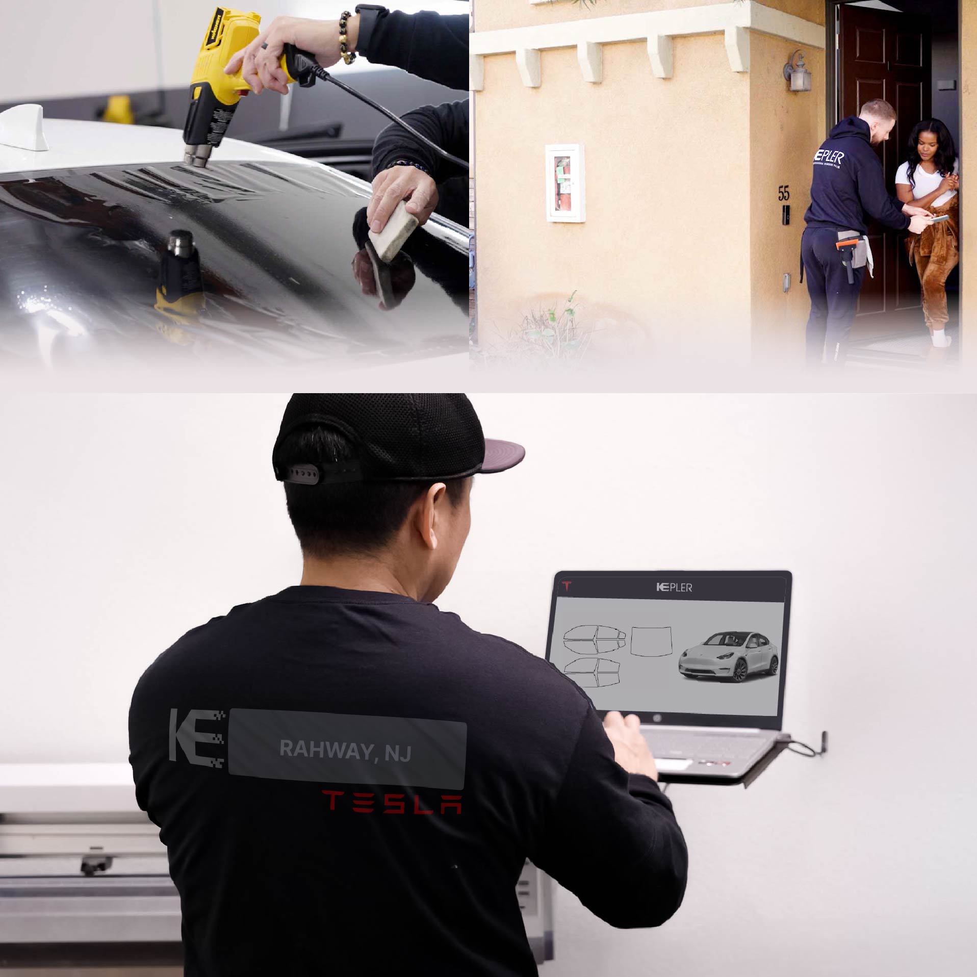 Expert Technician Installing Ceramic Window Tint to Tesla in Rahway