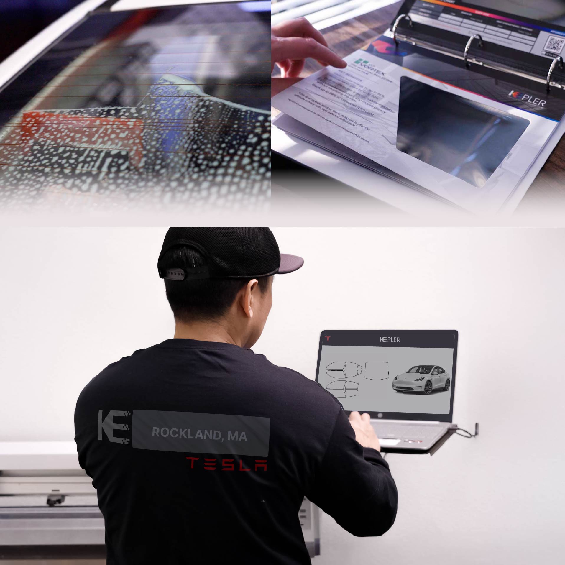 Expert Technician Installing Advanced Window Tint to Tesla in Rockland