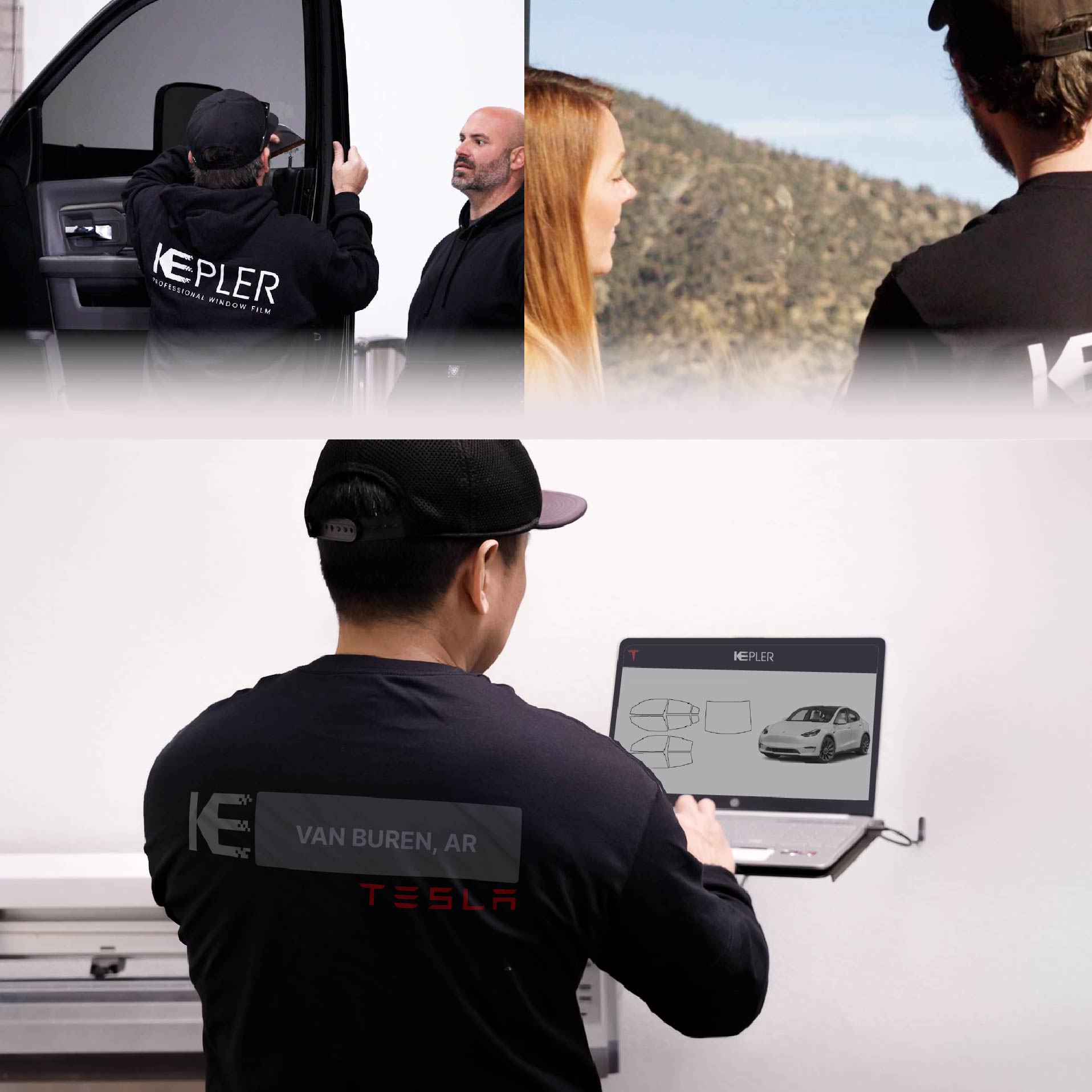 Expert Technician Applying High-tech Window Tint to Tesla in Van Buren