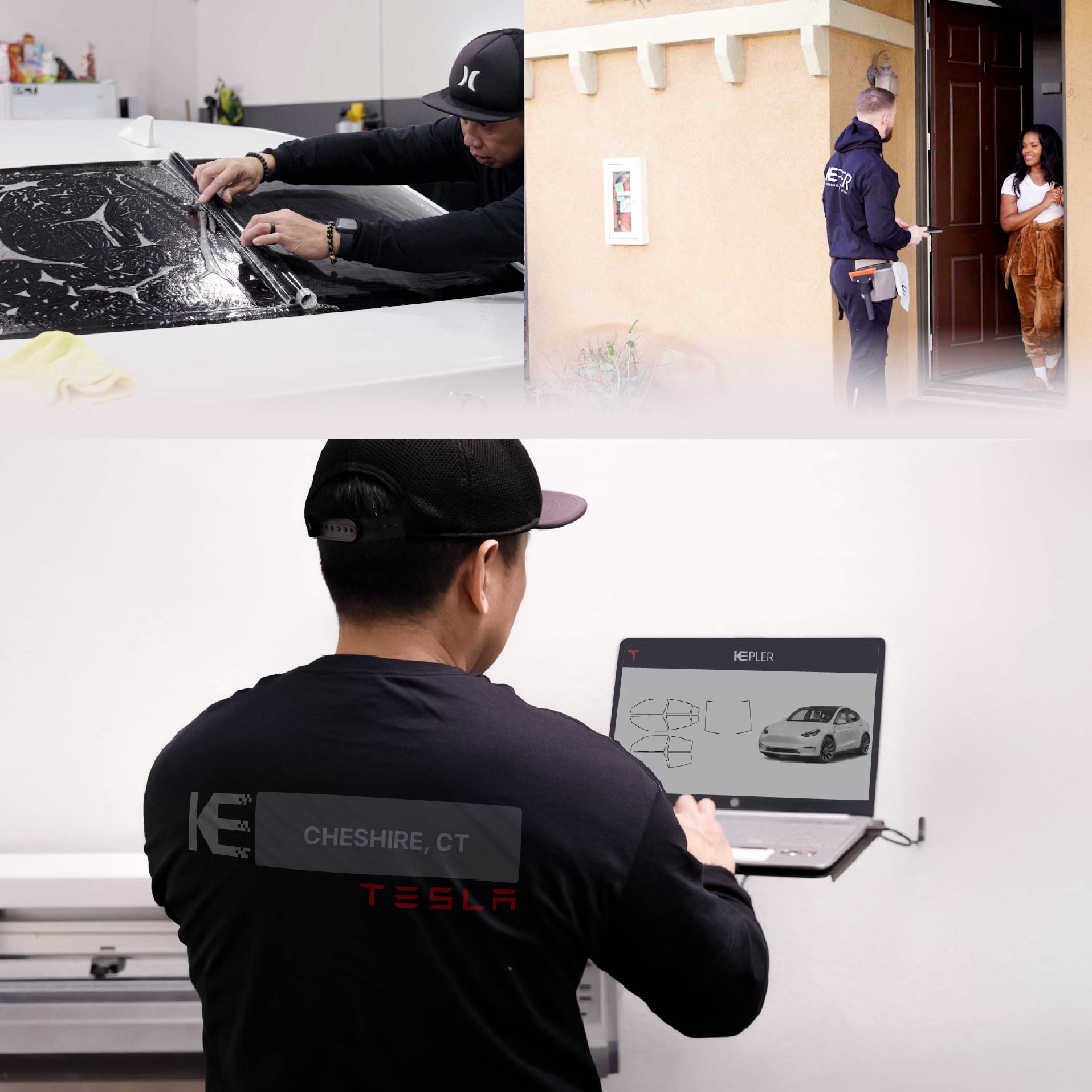 Kepler Technician Installing Advanced Window Tint to Tesla in Cheshire