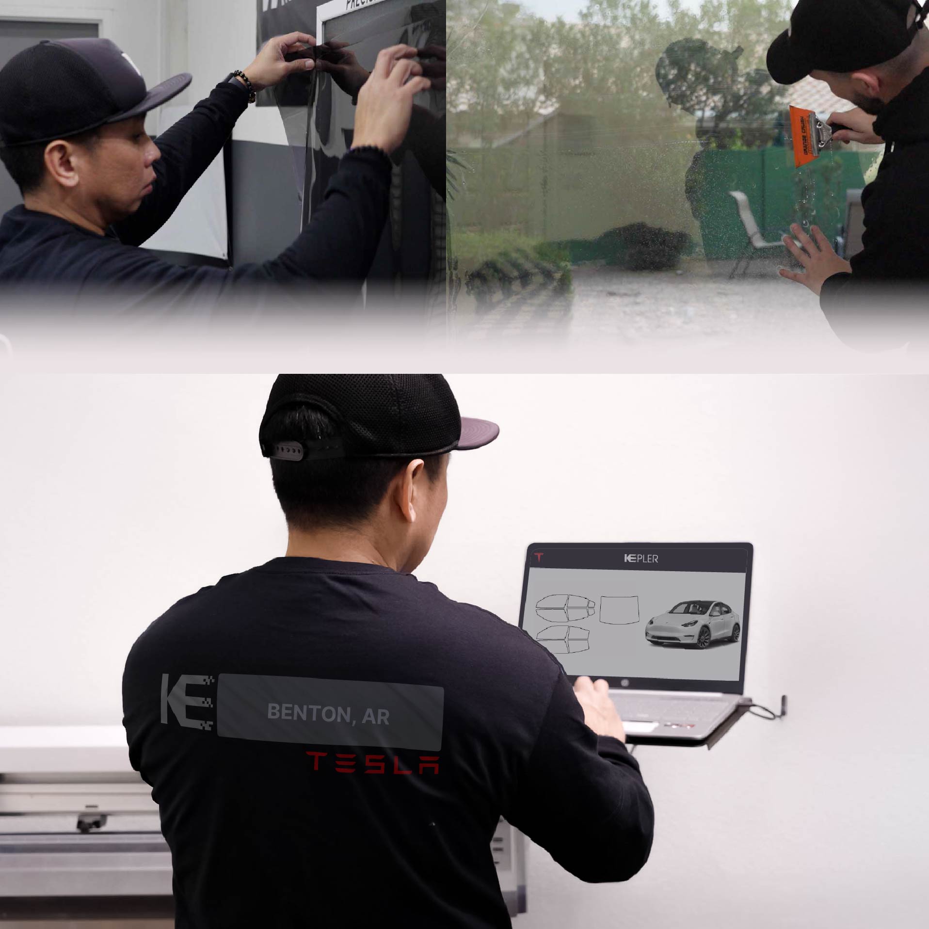 Expert Technician Fitting Ceramic Window Tint to Tesla in Benton
