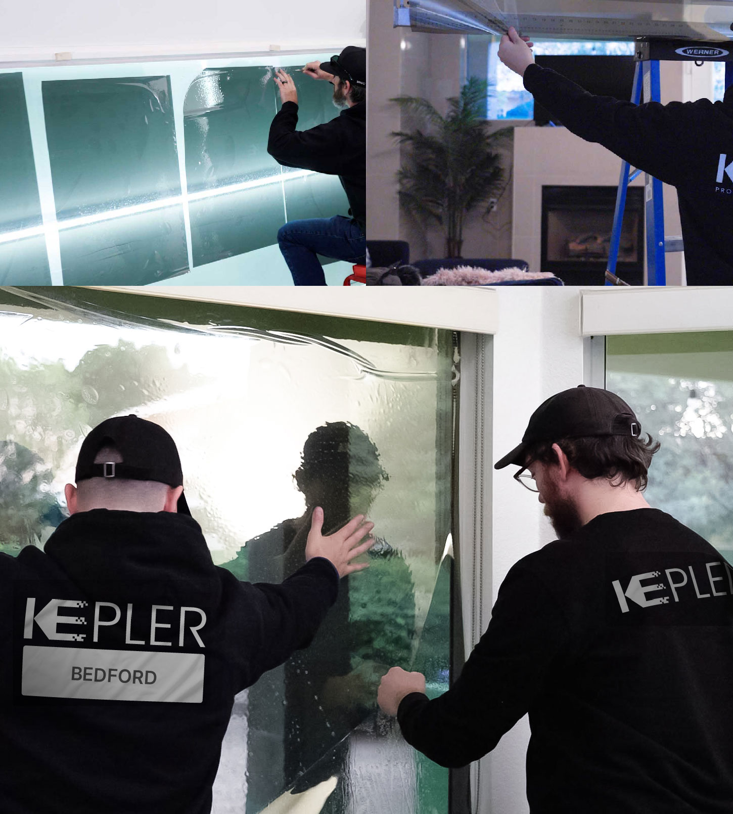 Expert Technician Fitting Advanced Window Tint to Home in Bedford