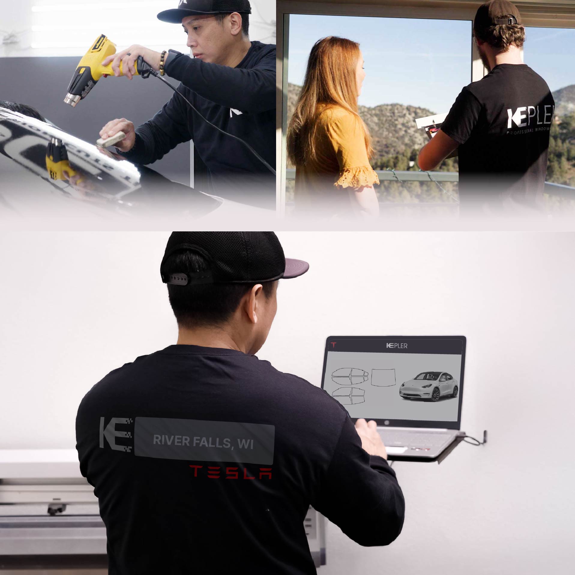 Kepler Technician Applying High-tech Window Tint to Tesla in River Falls
