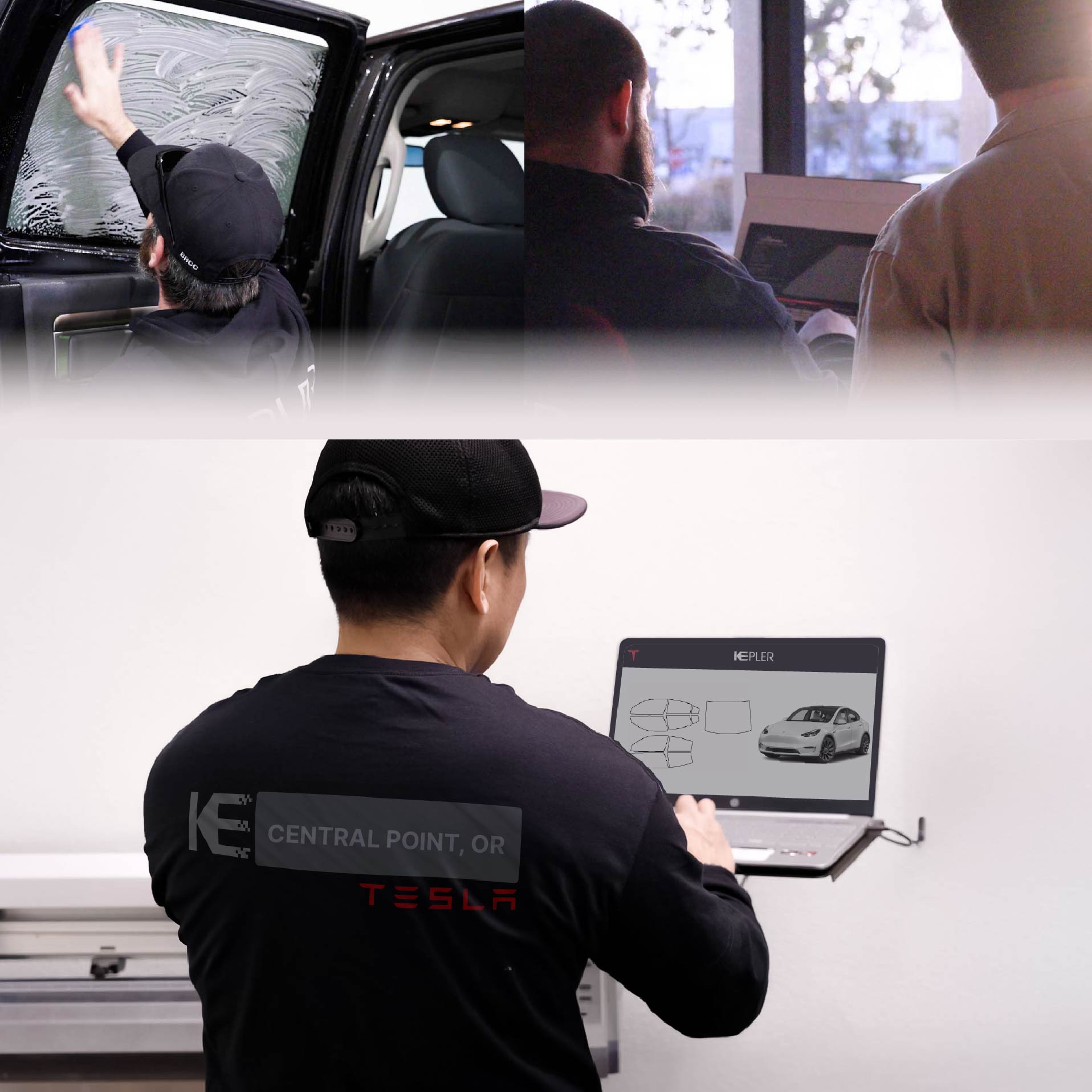 Expert Technician Applying Advanced Window Tint to Tesla in Central Point