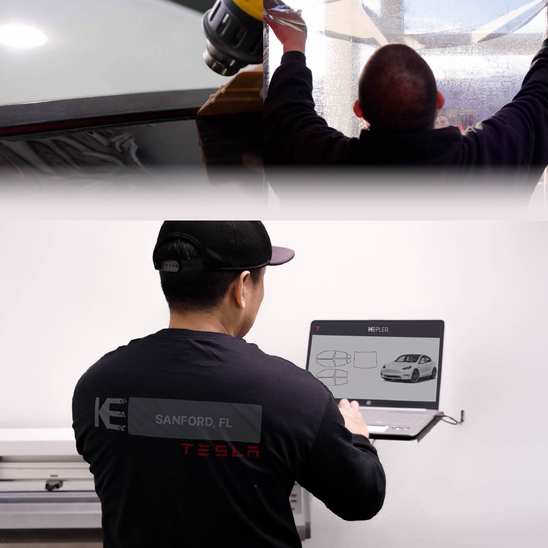 Kepler Technician Fitting Ceramic Window Tint to Tesla in Sanford
