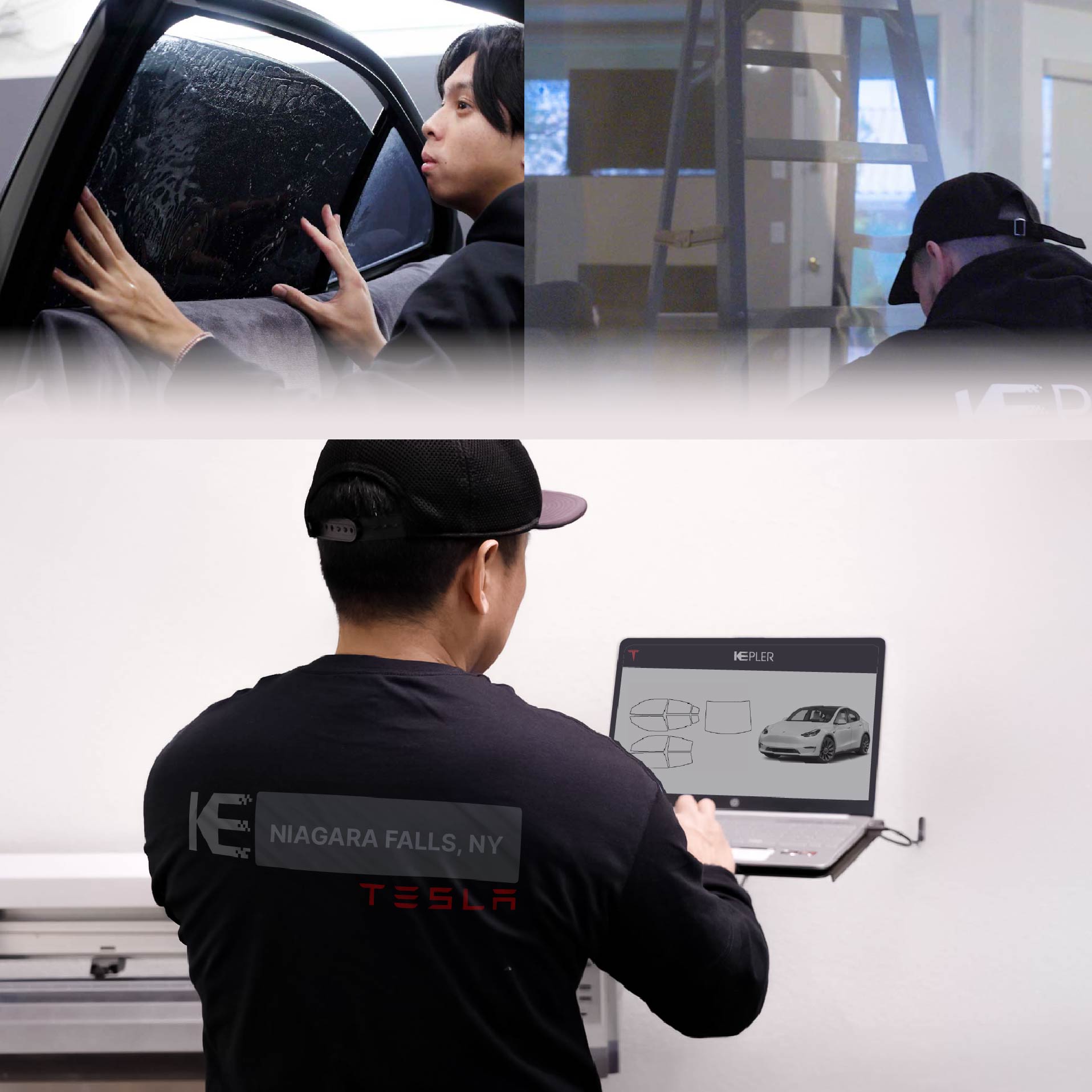 Expert Technician Fitting Advanced Window Tint to Tesla in Niagara Falls