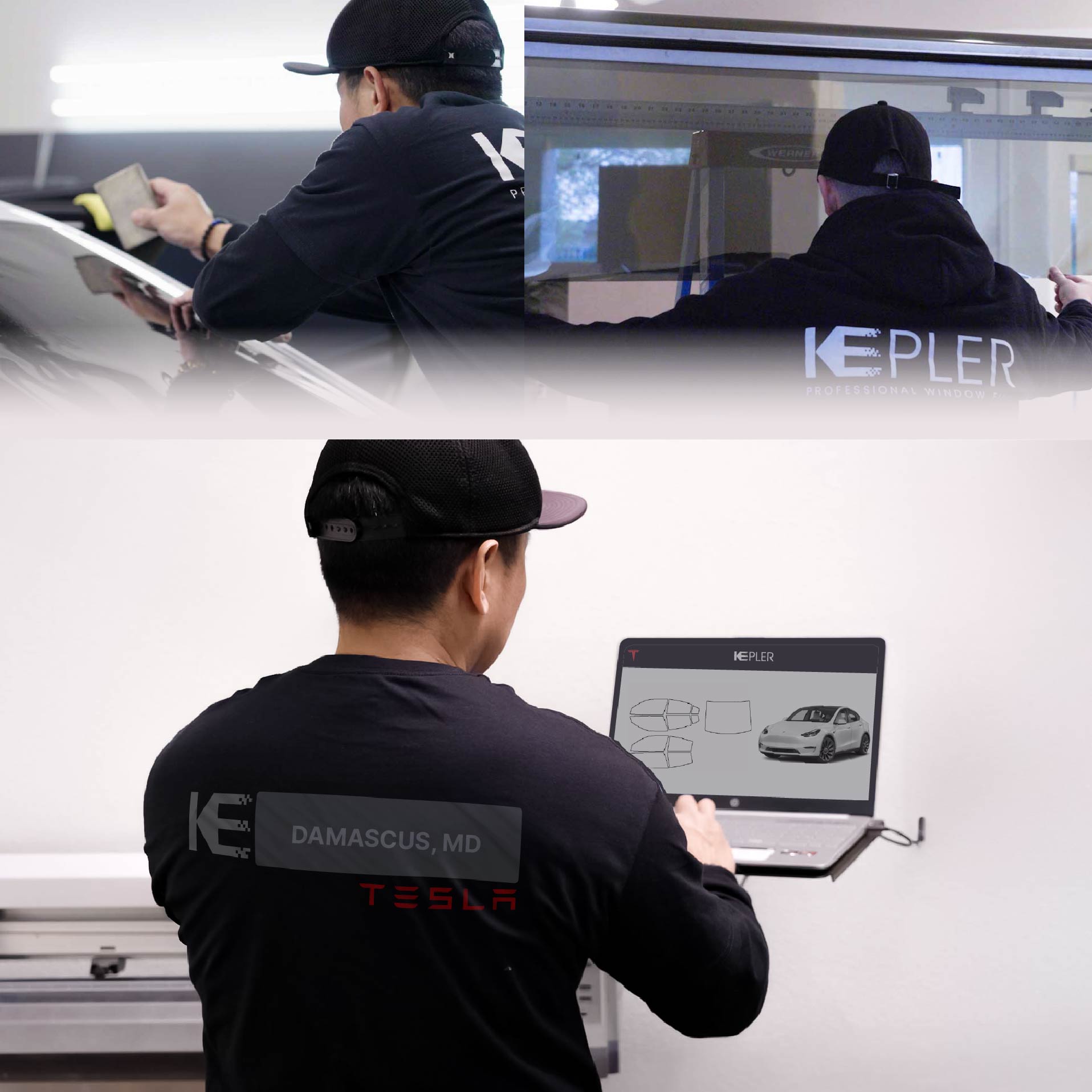 Expert Technician Applying Ceramic Window Tint to Tesla in Damascus