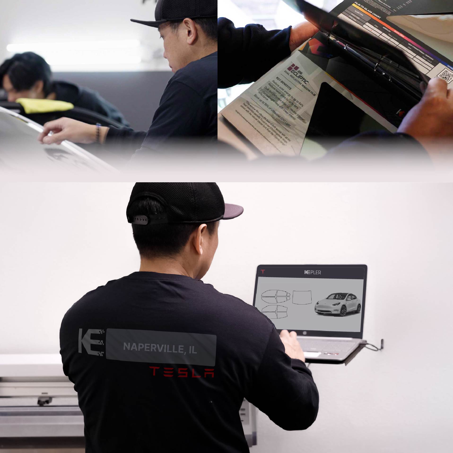 Expert Technician Fitting Ceramic Window Tint to Tesla in Naperville