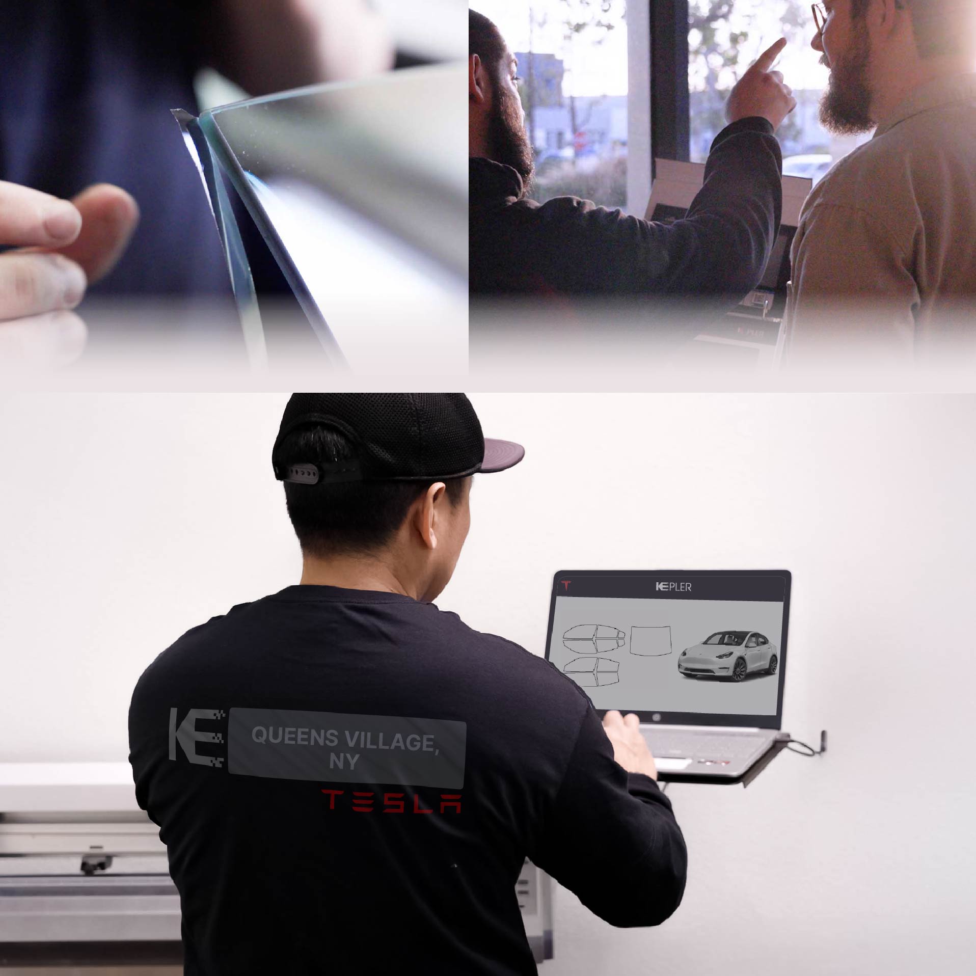 Expert Technician Fitting High-tech Window Tint to Tesla in Queens Village