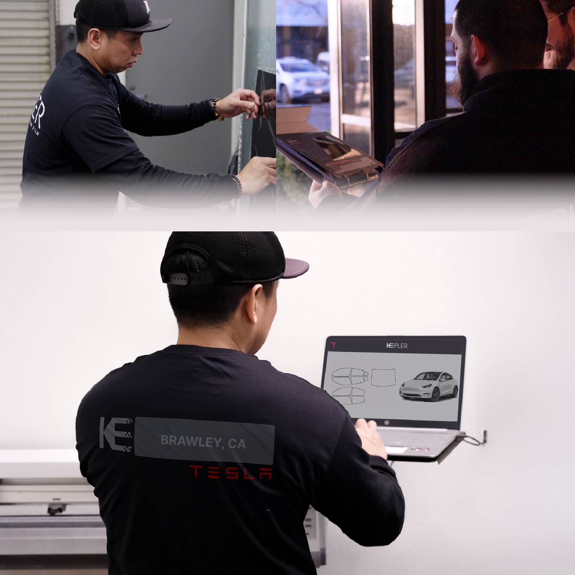 Kepler Technician Installing Advanced Window Tint to Tesla in Brawley