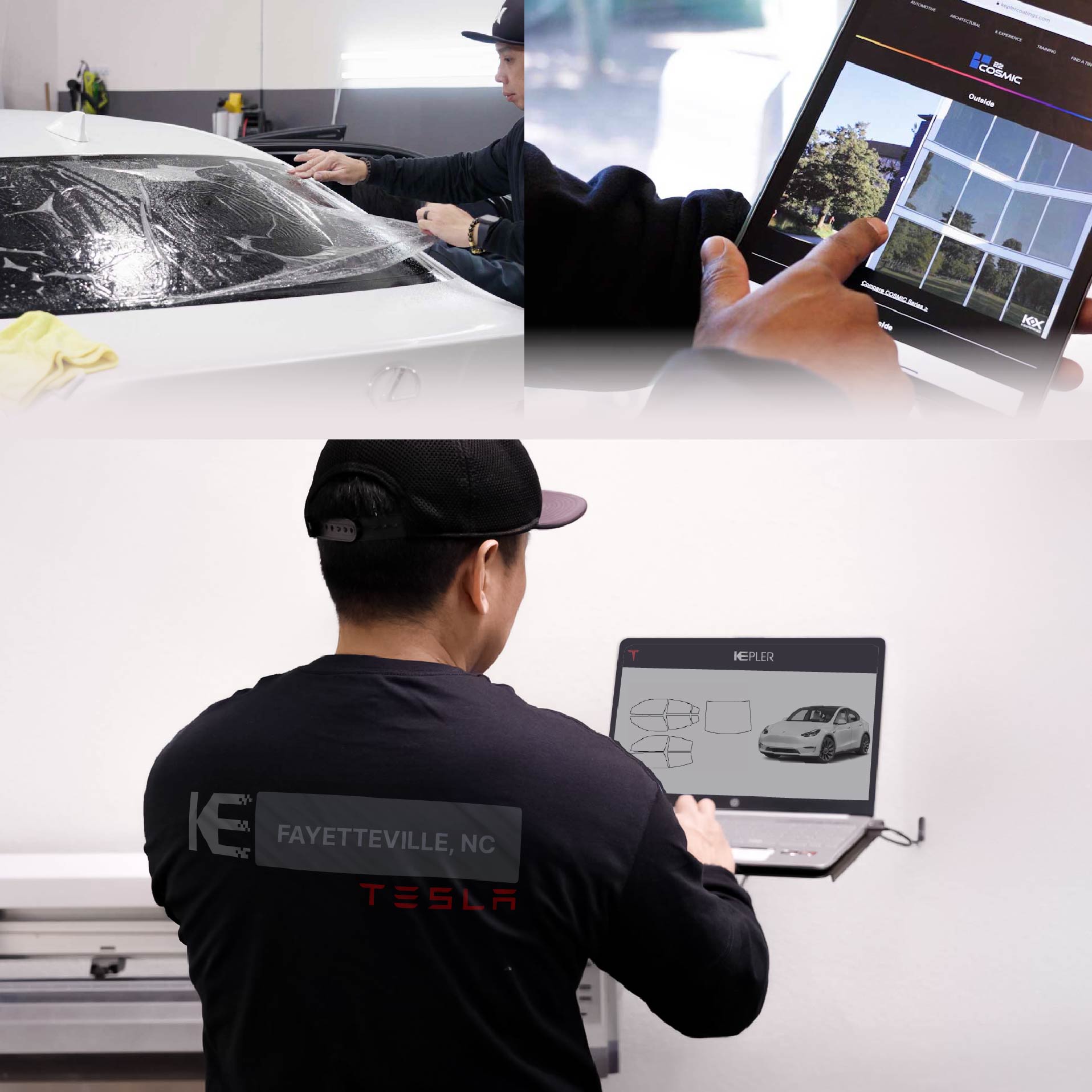 Expert Technician Applying High-tech Window Tint to Tesla in Fayetteville