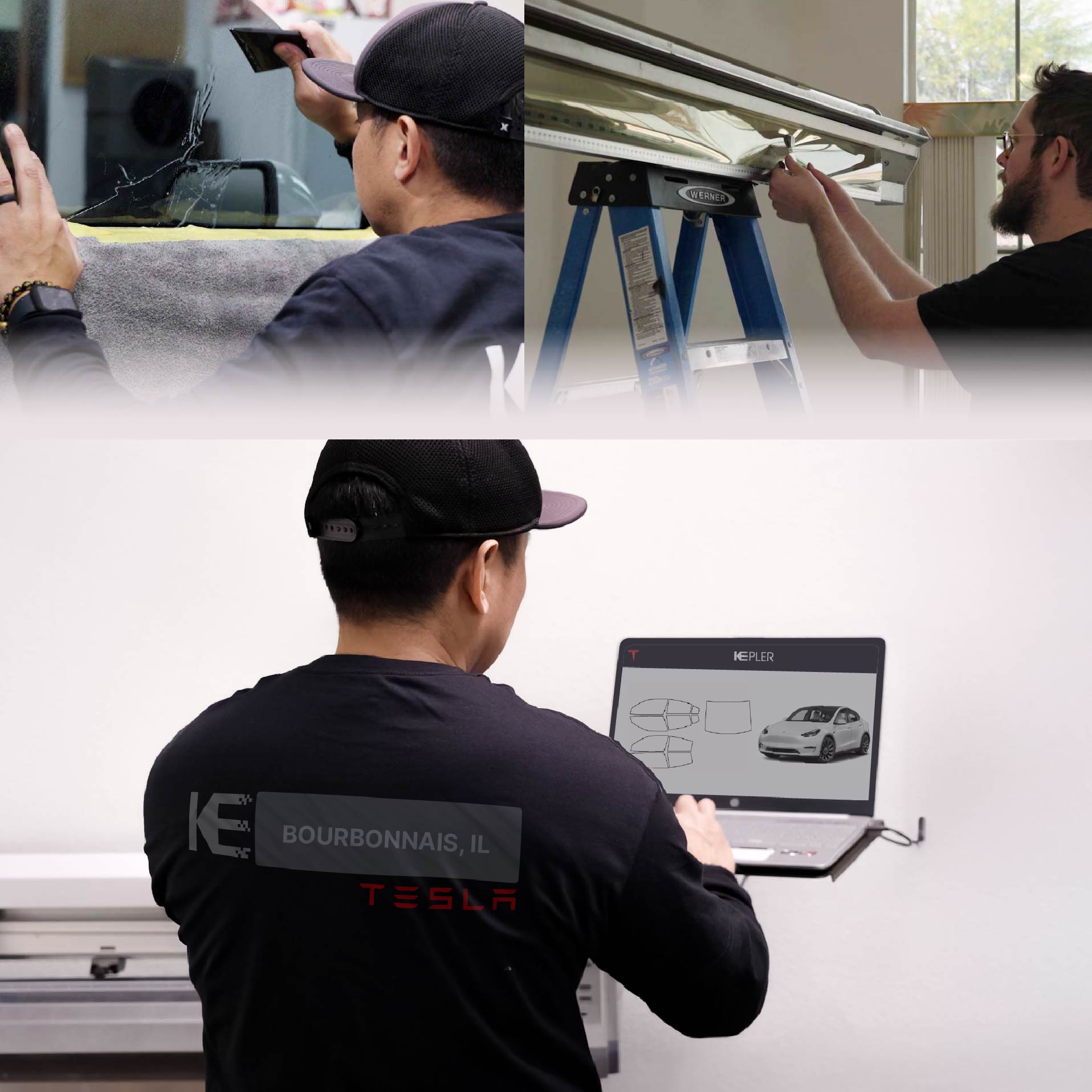 Expert Technician Applying Ceramic Window Tint to Tesla in Bourbonnais