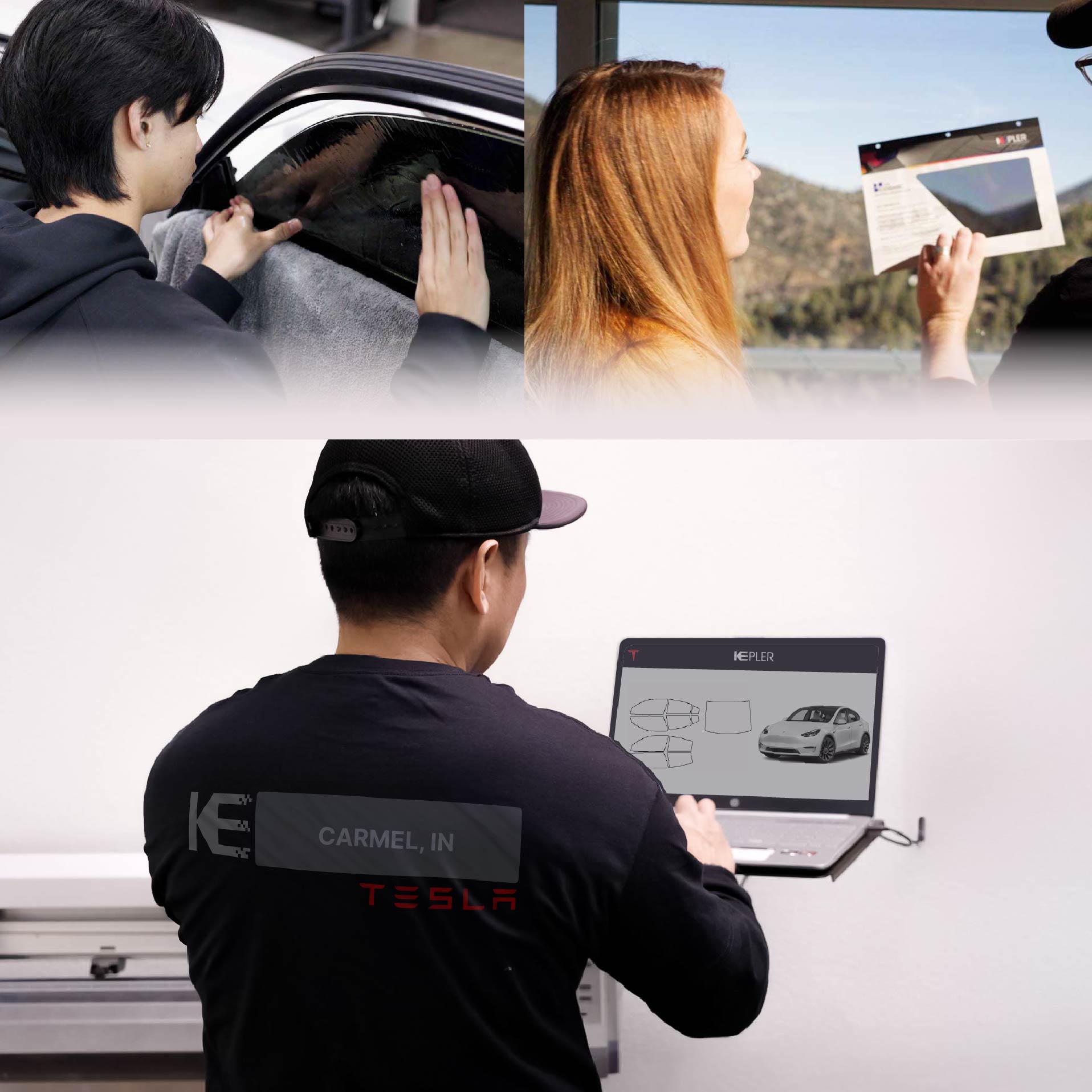 Expert Technician Fitting Ceramic Window Tint to Tesla in Carmel