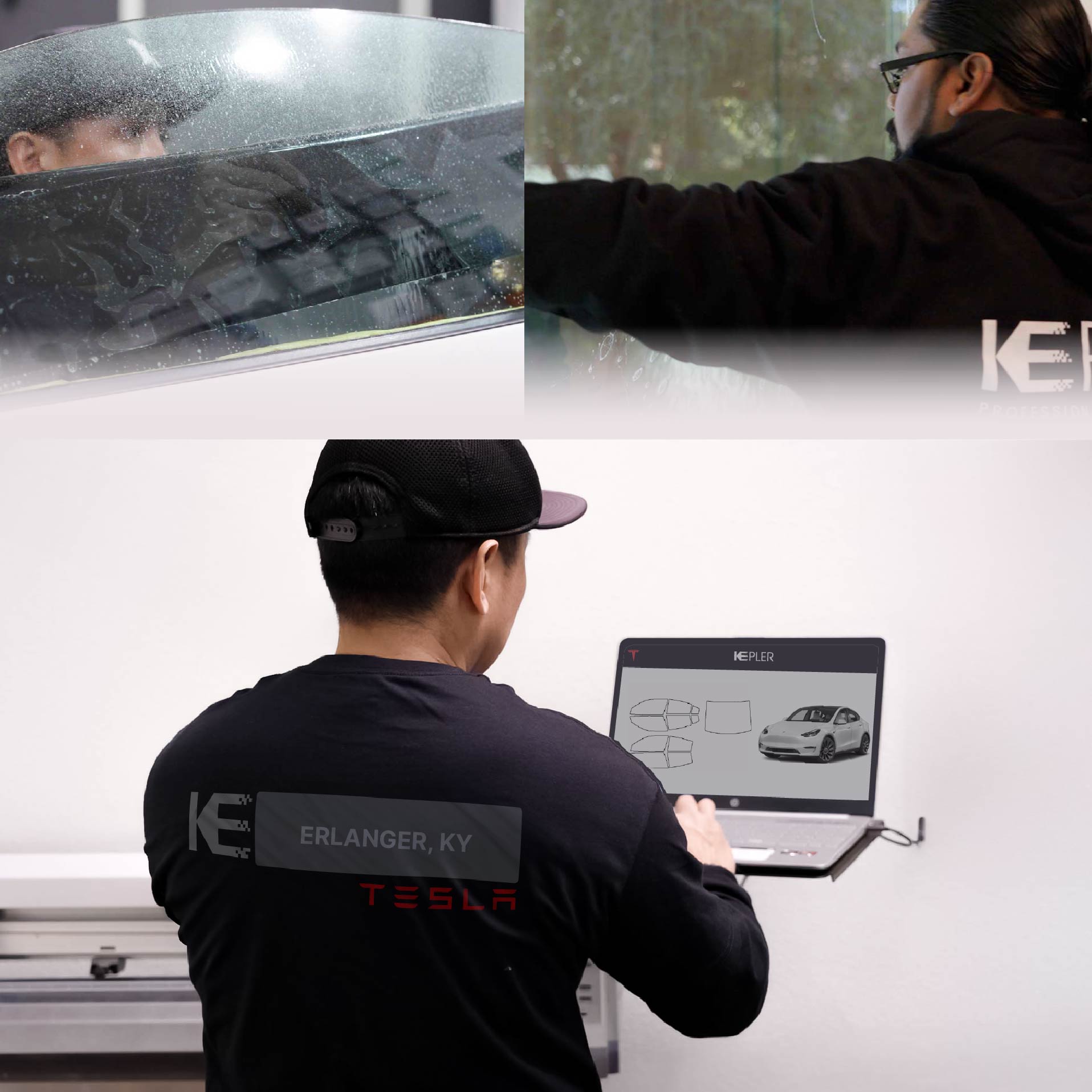 Kepler Technician Fitting Advanced Window Tint to Tesla in Erlanger