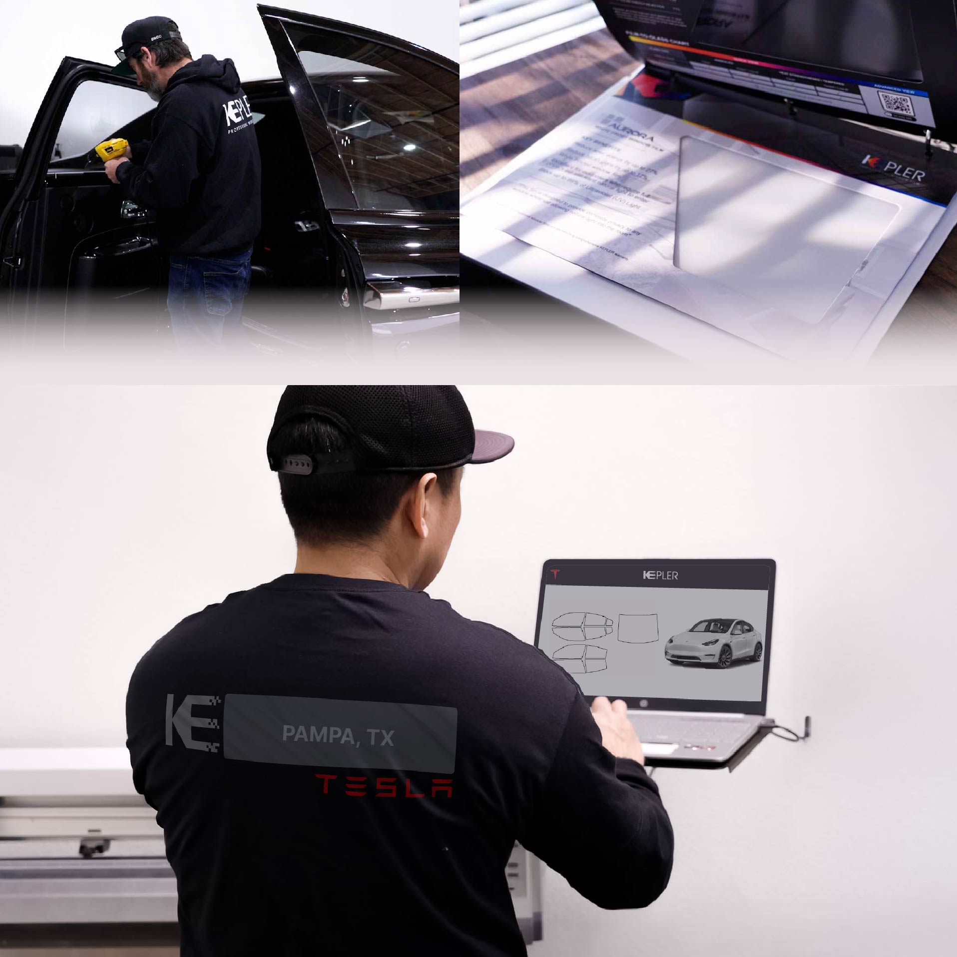 Kepler Technician Fitting Ceramic Window Tint to Tesla in Pampa