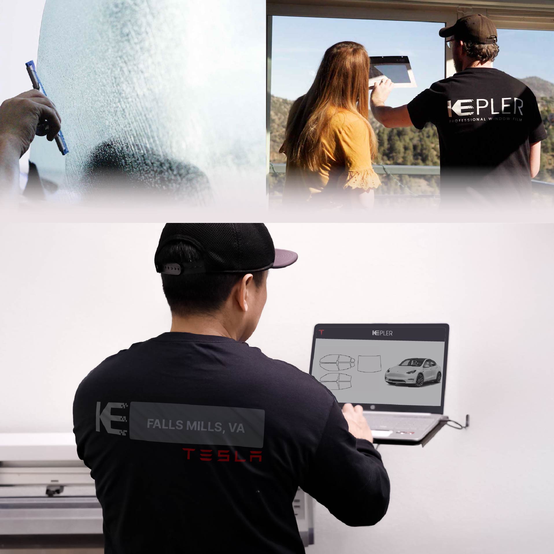 Kepler Technician Installing Advanced Window Tint to Tesla in Falls Mills