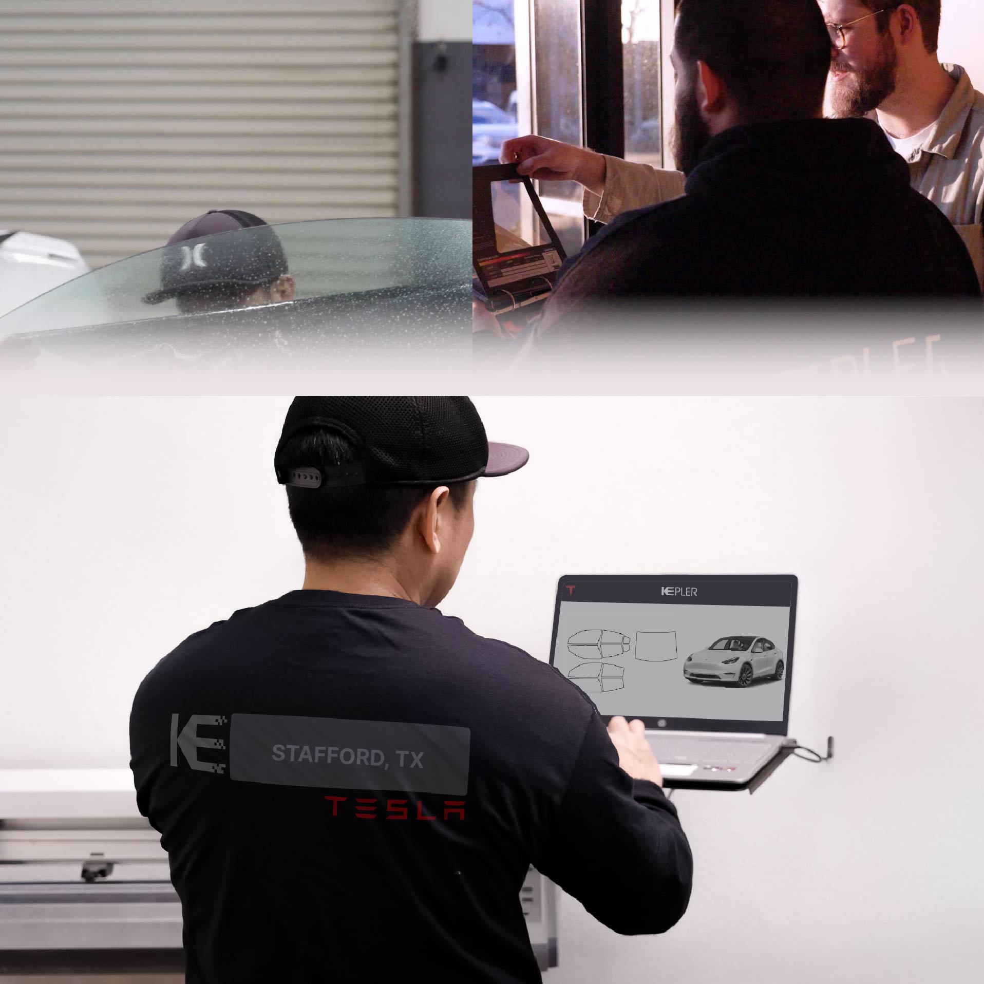 Expert Technician Fitting High-tech Window Tint to Tesla in Stafford