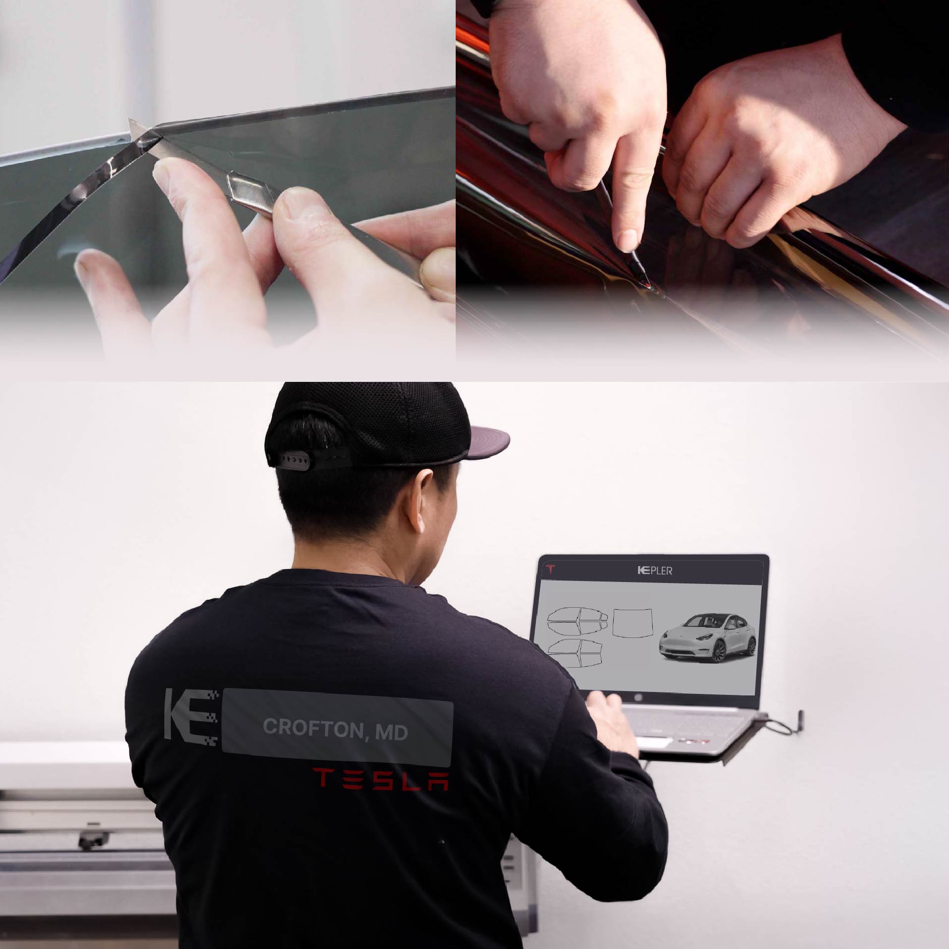 Expert Technician Applying Ceramic Window Tint to Tesla in Crofton