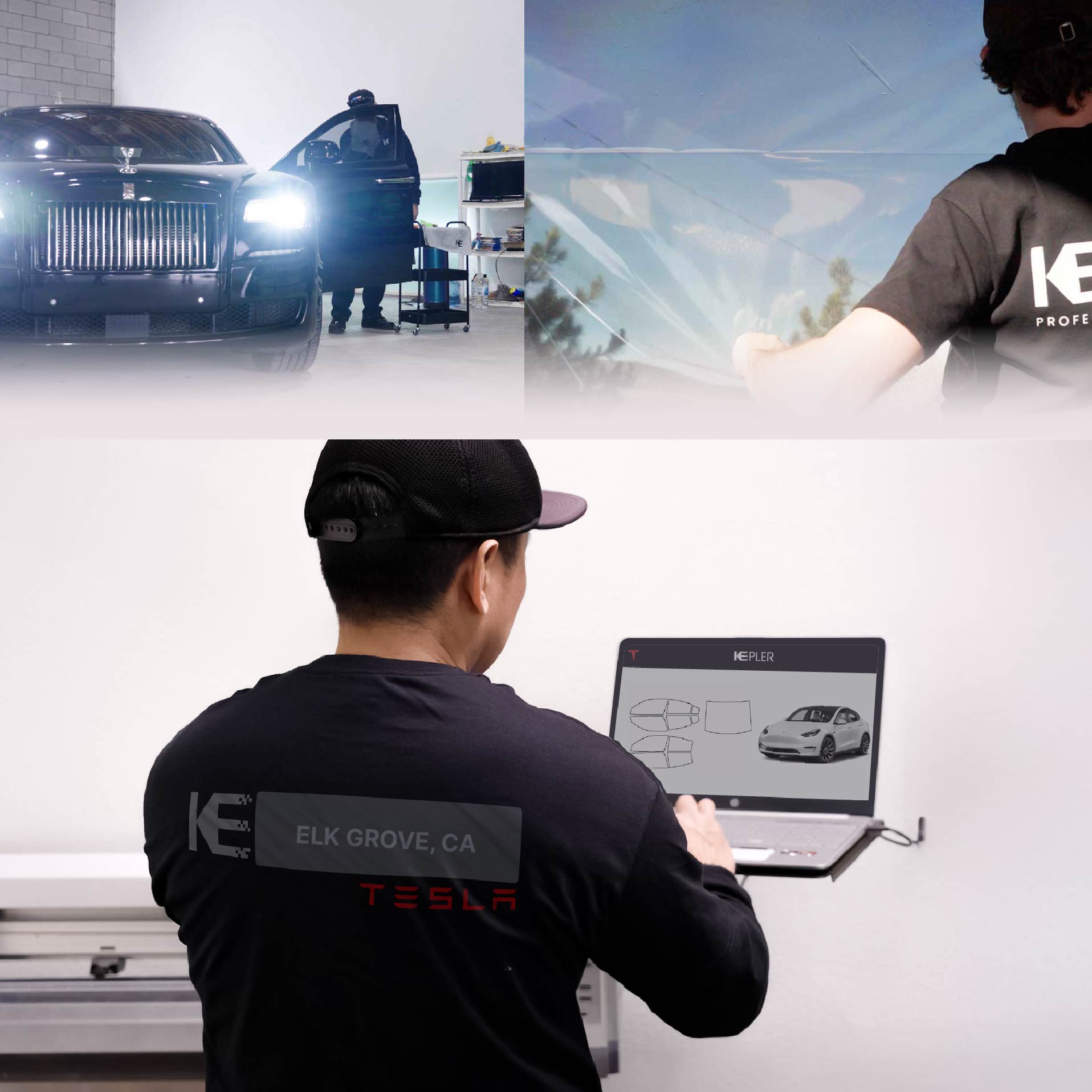 Kepler Technician Fitting Ceramic Window Tint to Tesla in Elk Grove