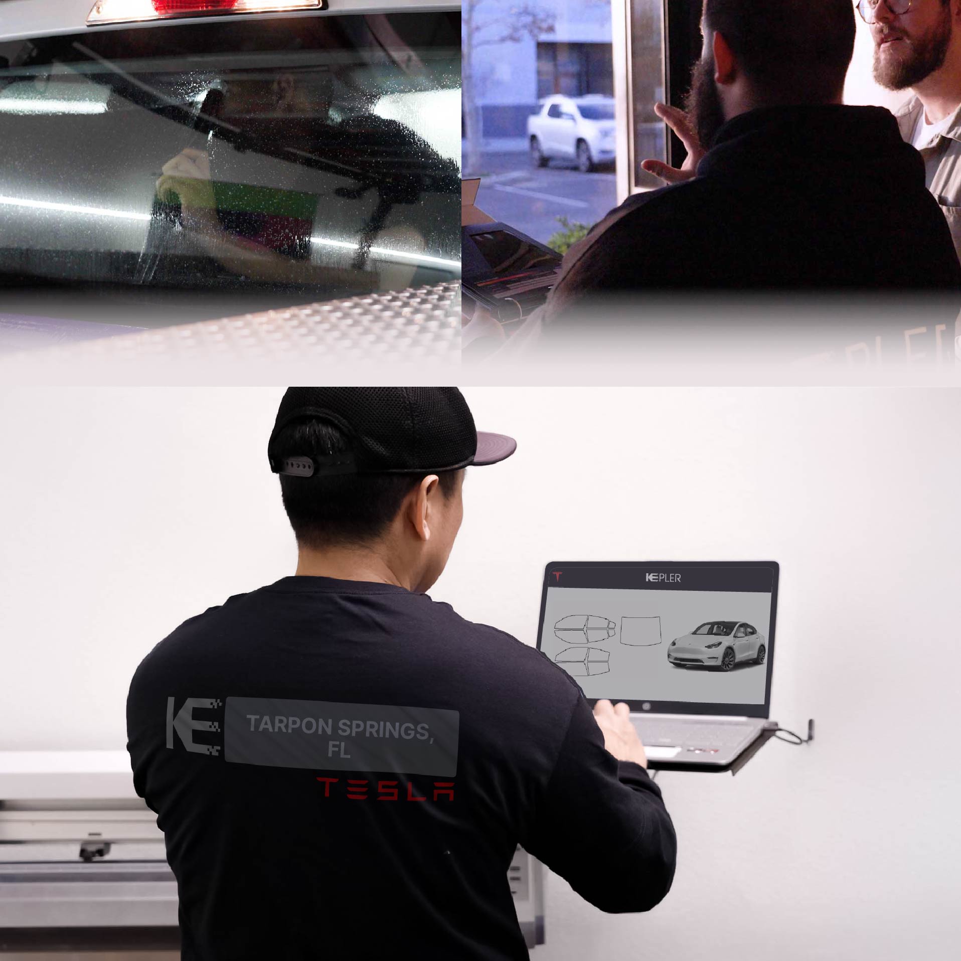 Expert Technician Installing Ceramic Window Tint to Tesla in Tarpon Springs