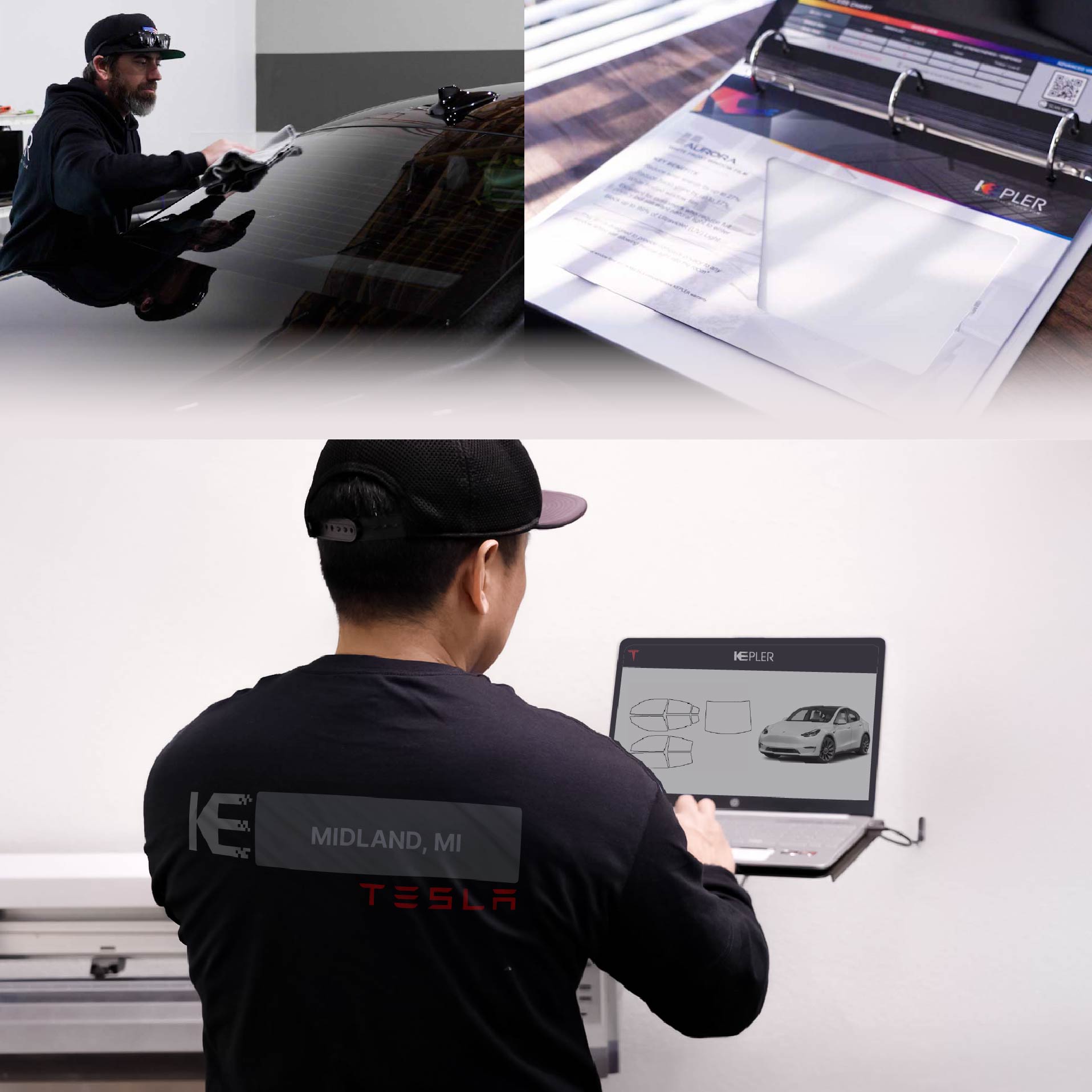 Kepler Technician Installing Advanced Window Tint to Tesla in Midland