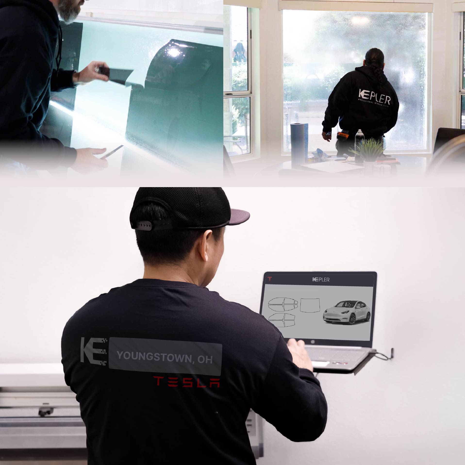 Expert Technician Fitting Ceramic Window Tint to Tesla in Youngstown