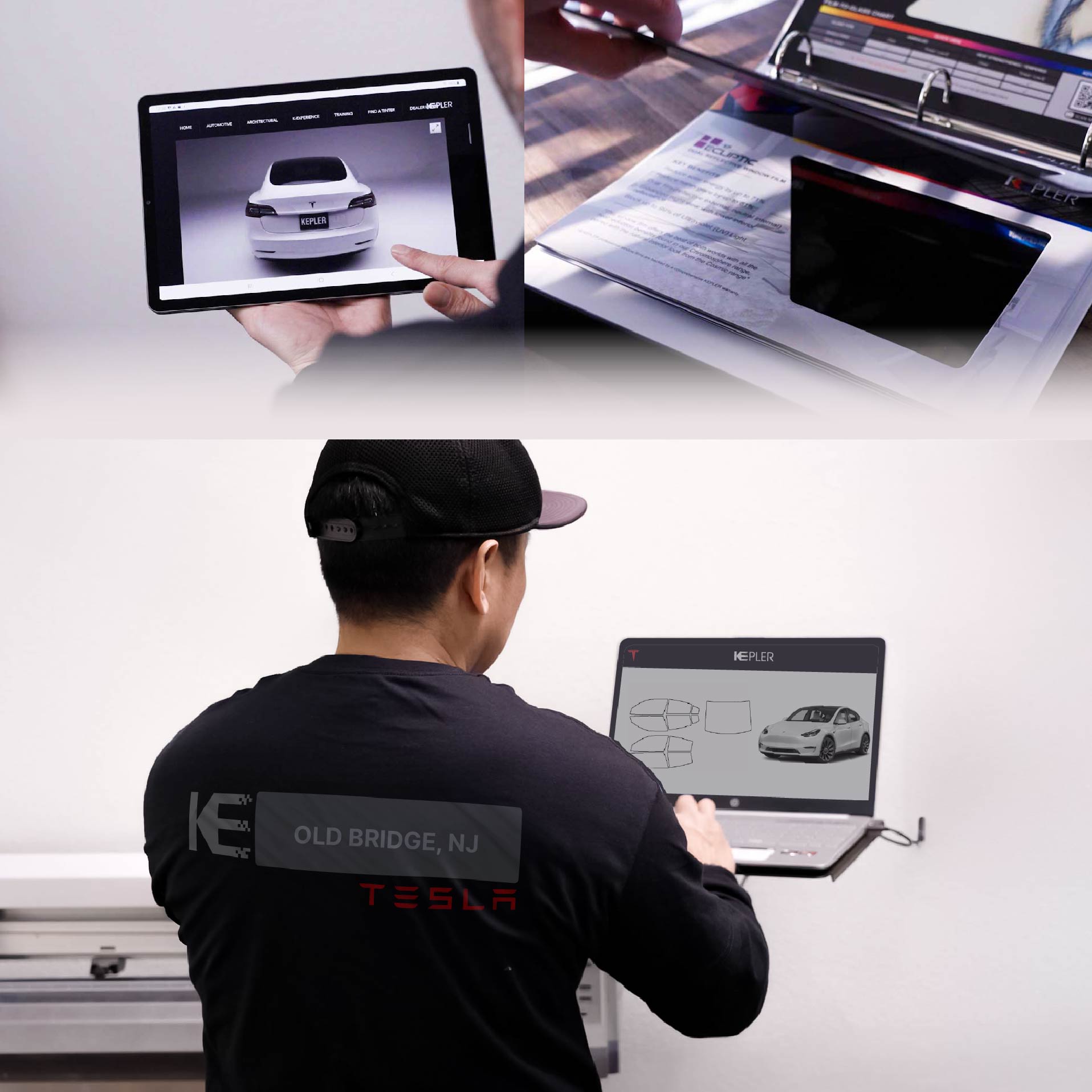 Kepler Technician Installing Ceramic Window Tint to Tesla in Old Bridge