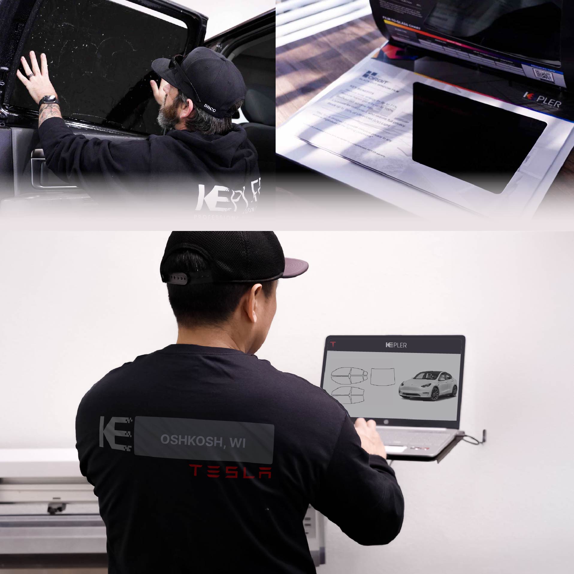 Kepler Technician Installing High-tech Window Tint to Tesla in Oshkosh