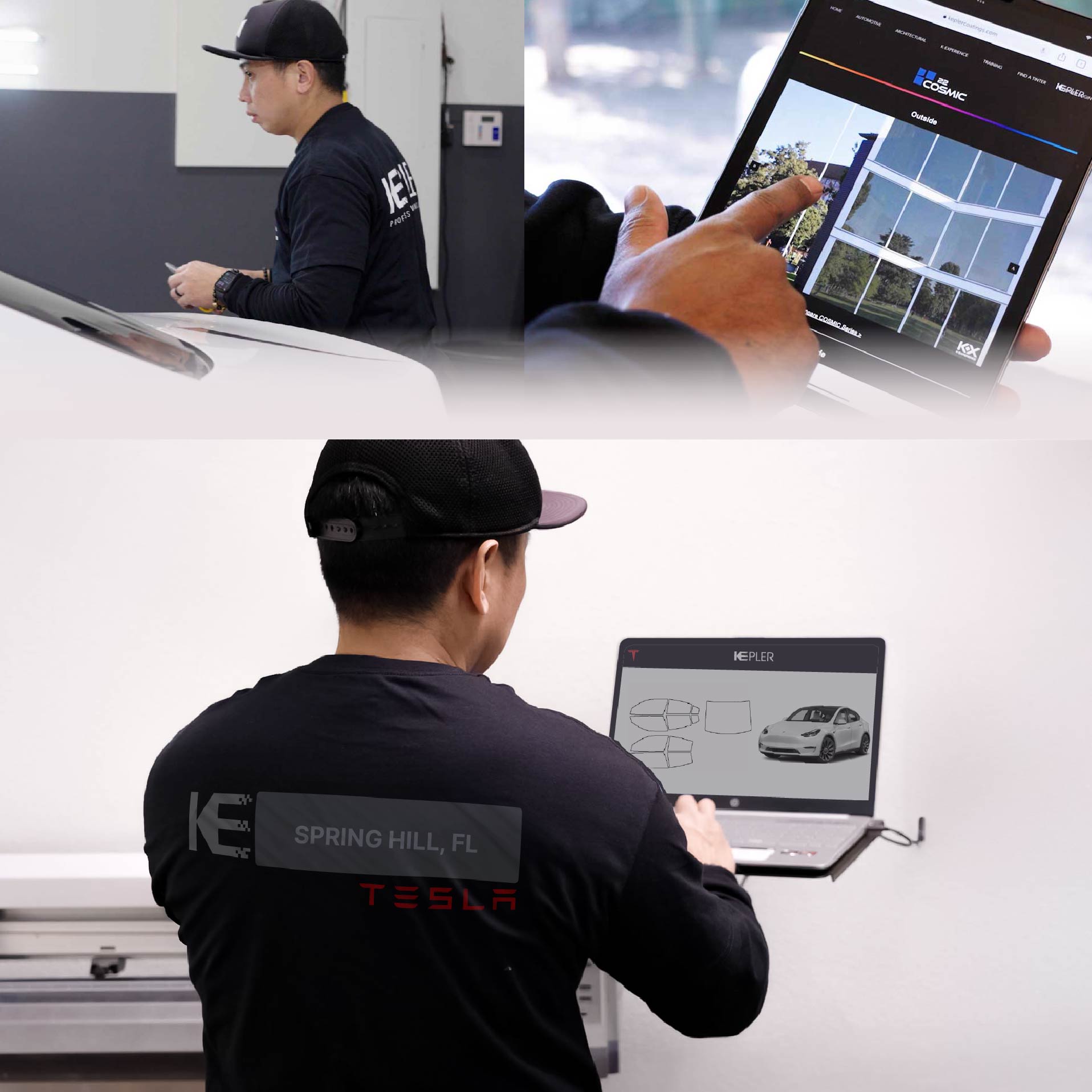 Kepler Technician Applying Ceramic Window Tint to Tesla in Spring Hill