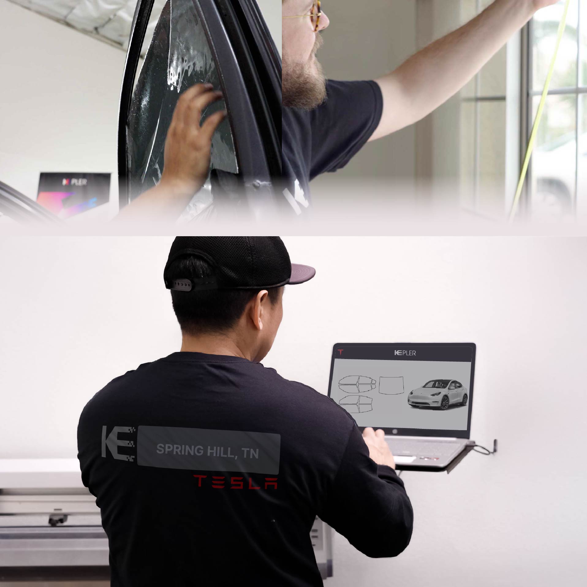 Kepler Technician Applying Advanced Window Tint to Tesla in Spring Hill
