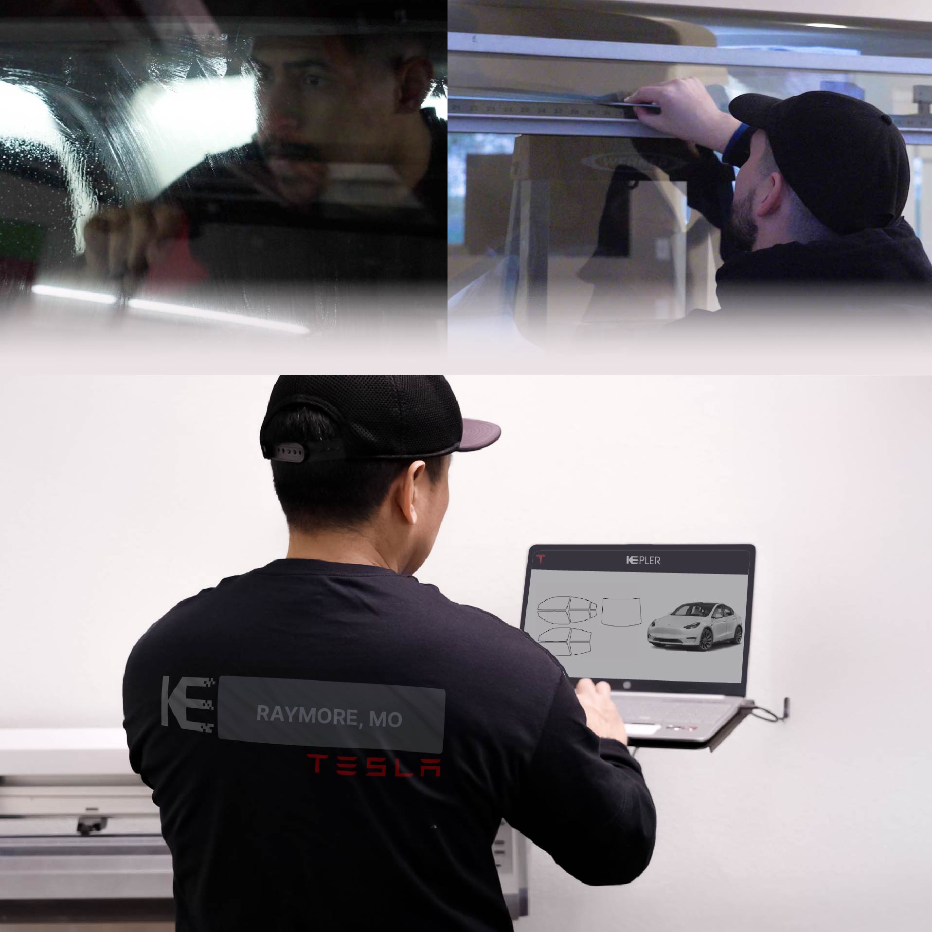 Kepler Technician Installing Ceramic Window Tint to Tesla in Raymore