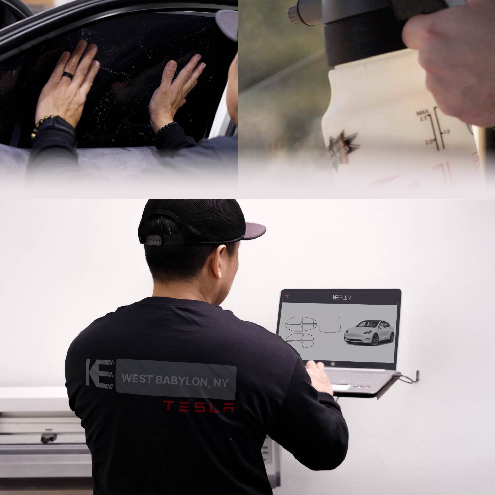 Kepler Technician Fitting Advanced Window Tint to Tesla in West Babylon