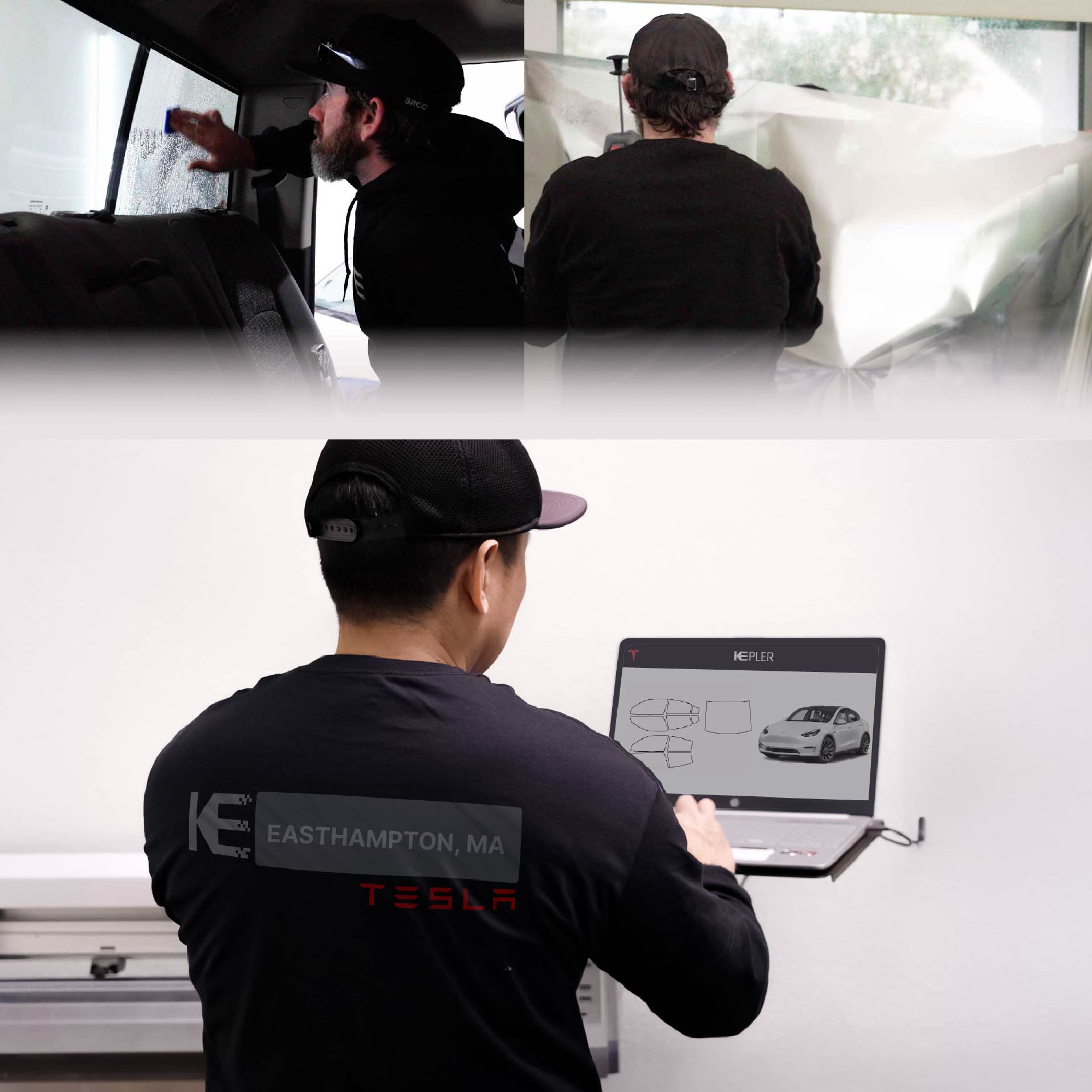 Expert Technician Applying Ceramic Window Tint to Tesla in Easthampton