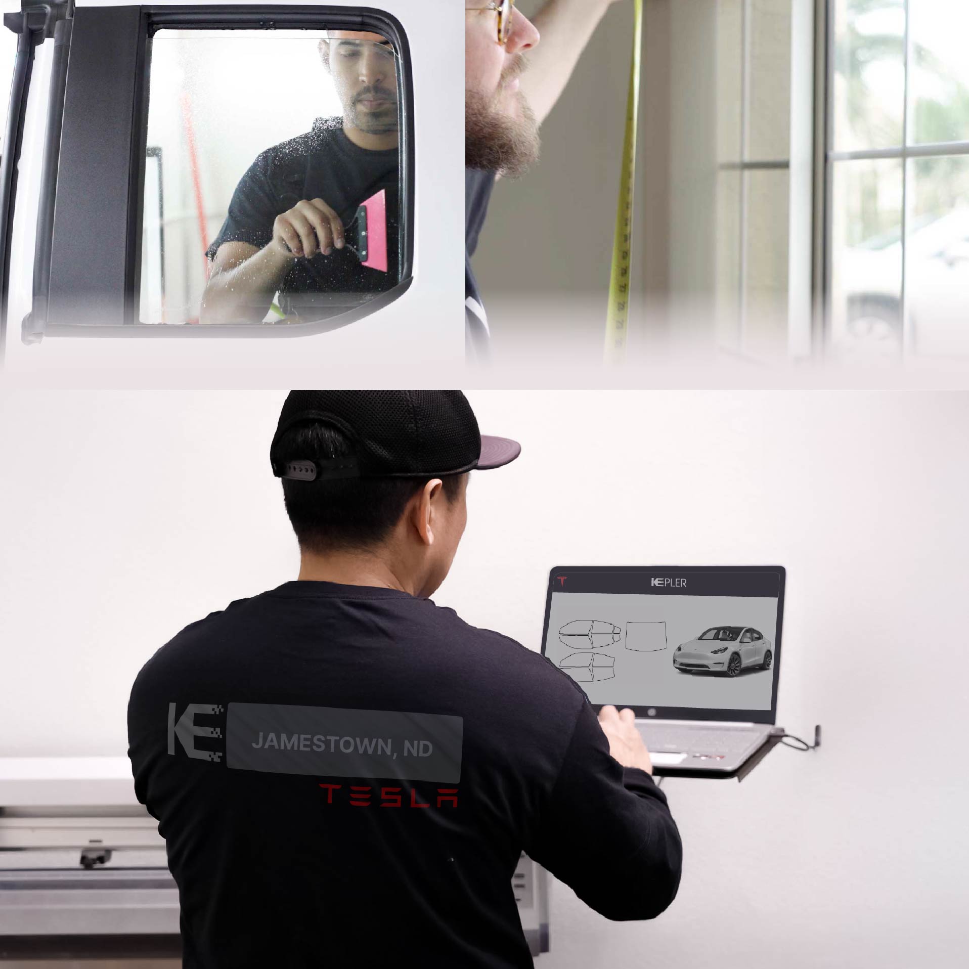 Kepler Technician Applying Advanced Window Tint to Tesla in Jamestown
