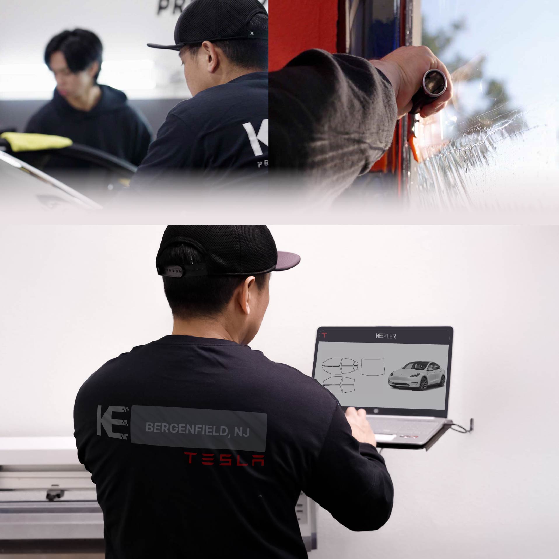 Expert Technician Fitting High-tech Window Tint to Tesla in Bergenfield