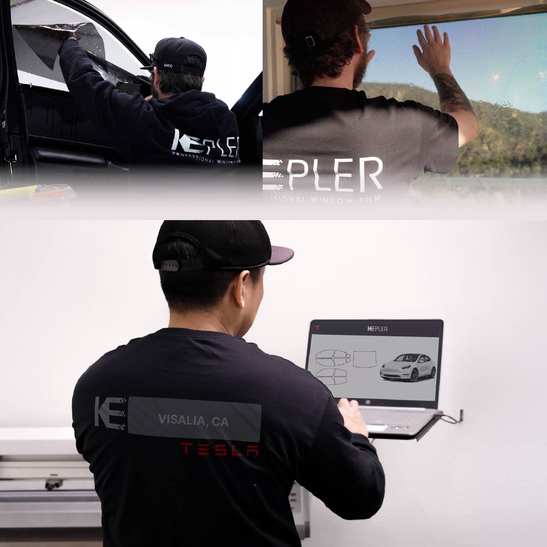 Expert Technician Fitting Advanced Window Tint to Tesla in Visalia