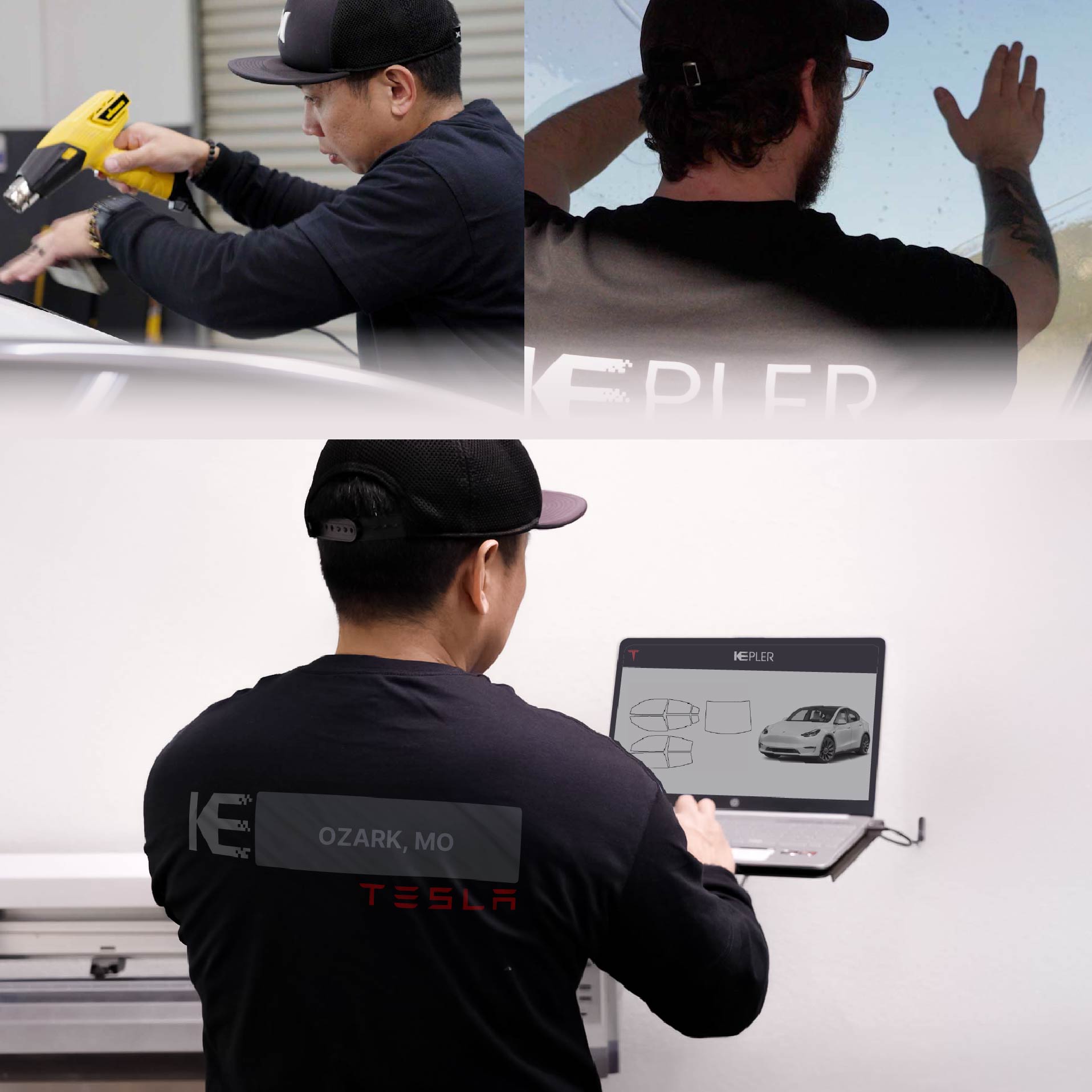Kepler Technician Fitting Advanced Window Tint to Tesla in Ozark